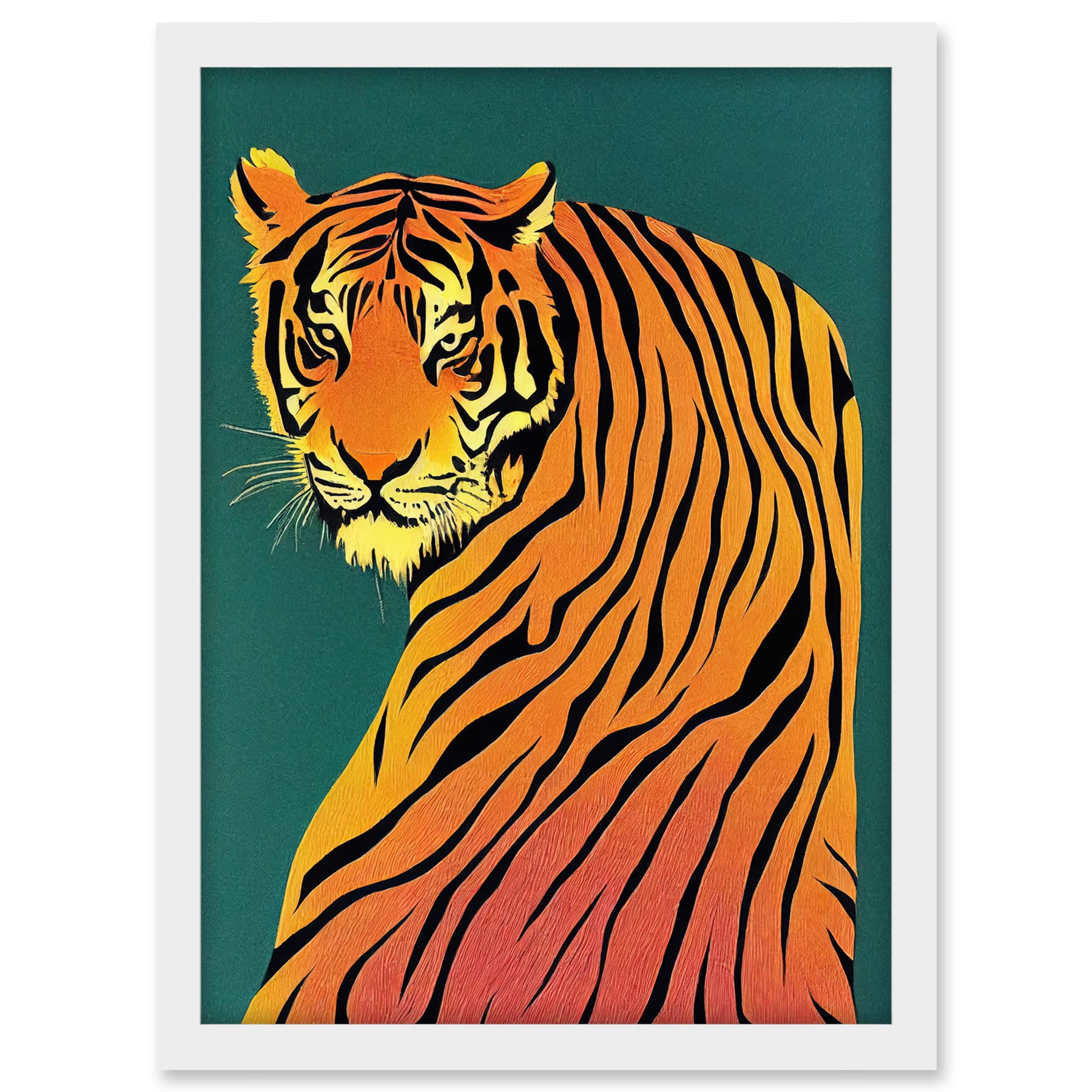 Wee Blue Coo Modern Tiger Portrait on Teal Orange Bold Artwork Framed A3 Wall Art Print