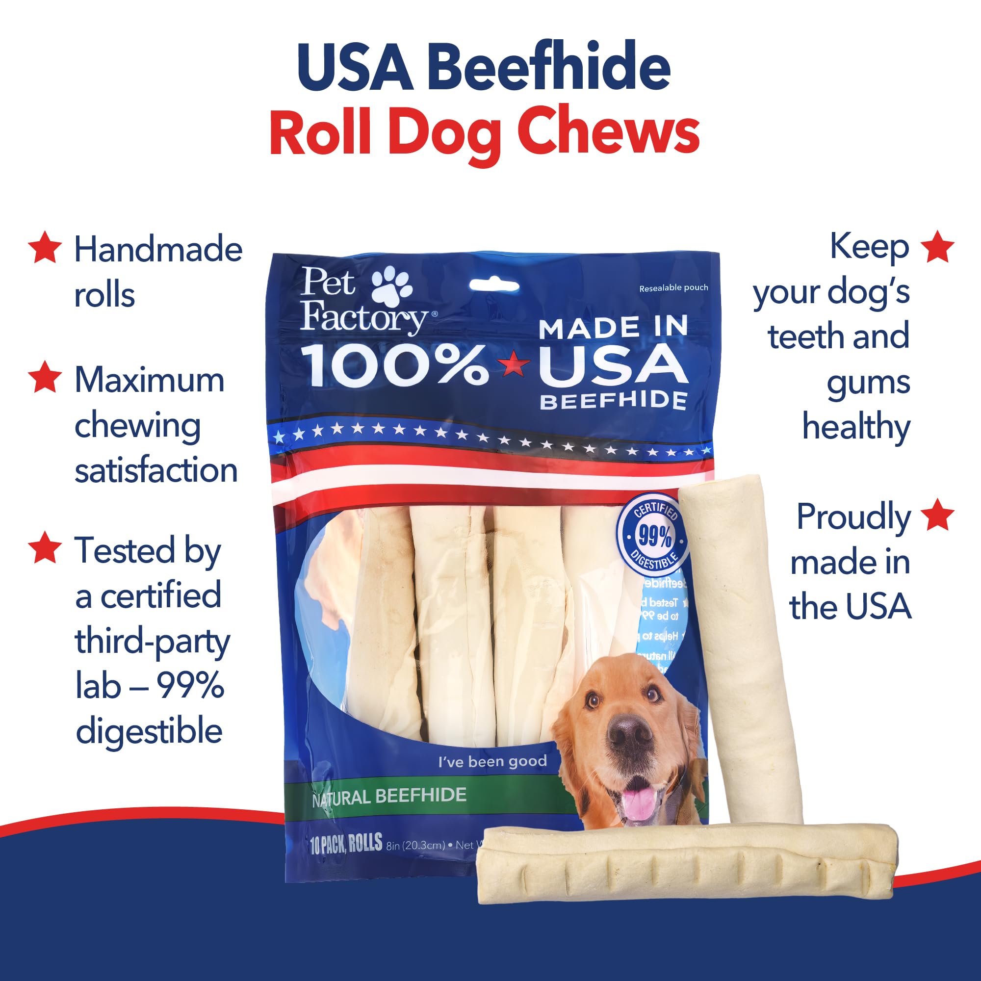 Pet Factory 100% Made in USA Beefhide - Rollos para Masticar para Perros, 20 cm, Aroma Natural, 10 Unidades/1 Paquete