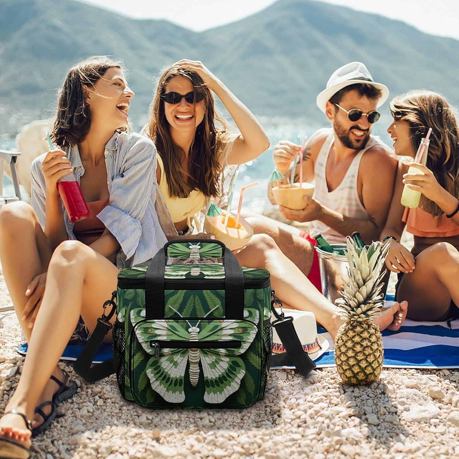 Camping Ice Pack, White Moth Print Cooler Bag, 22.5L Large Capacity Insulated Lunch Tote Bag for Outdoor, Picnic, BBQ, Travel, Work