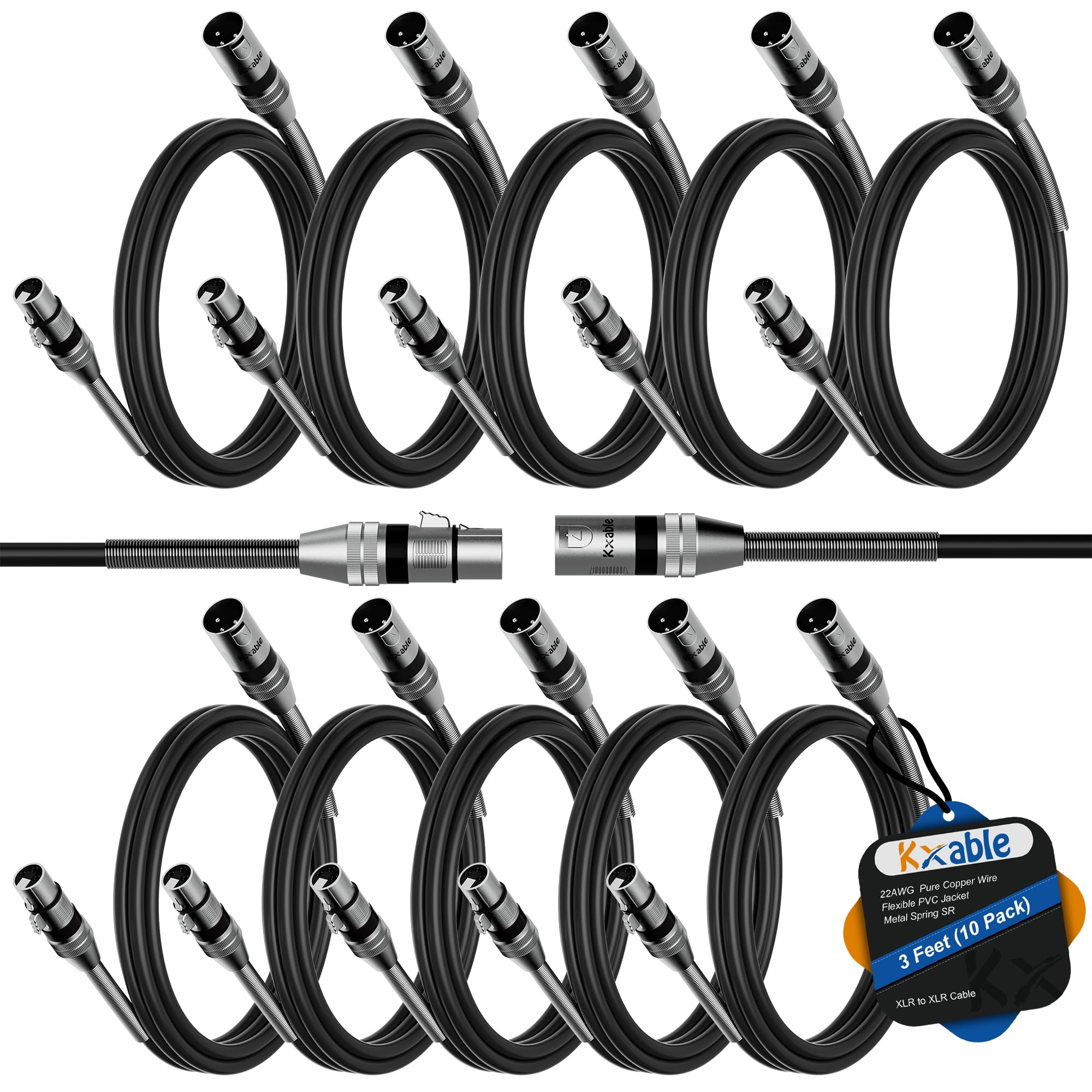 XLR to XLR Cable (3 Feet, 10 Pack) Multiple Premium Microphone Cables, Heavy Duty 22AWG OFC Male to Female Cord, 3-Pin Shielded Mic Speaker Cable, Zinc Alloy Connectors, Metal Spring SR, Black