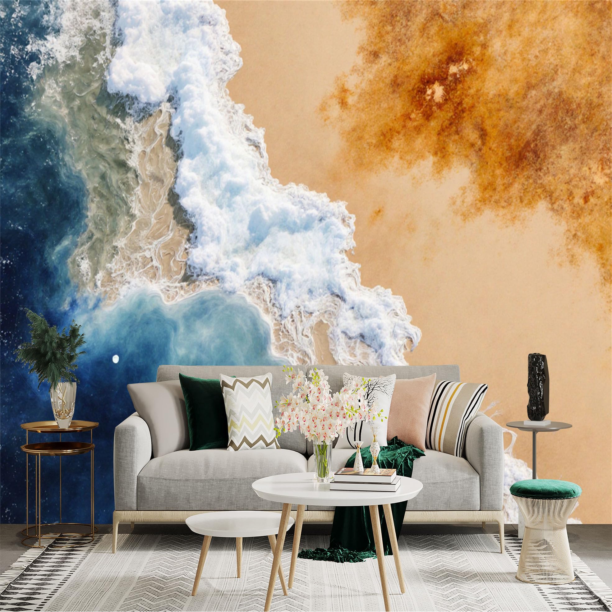 Lnzczhyre Xc260505547 Custom Size Wall Sticker Mural， Aerial View Of Tropical Ocean Waves， Sandy Shoreline， Abstract Coastal Seascape， Summer Beach Scenery， For Wall Decoration， Peelandstick Wall Decals.