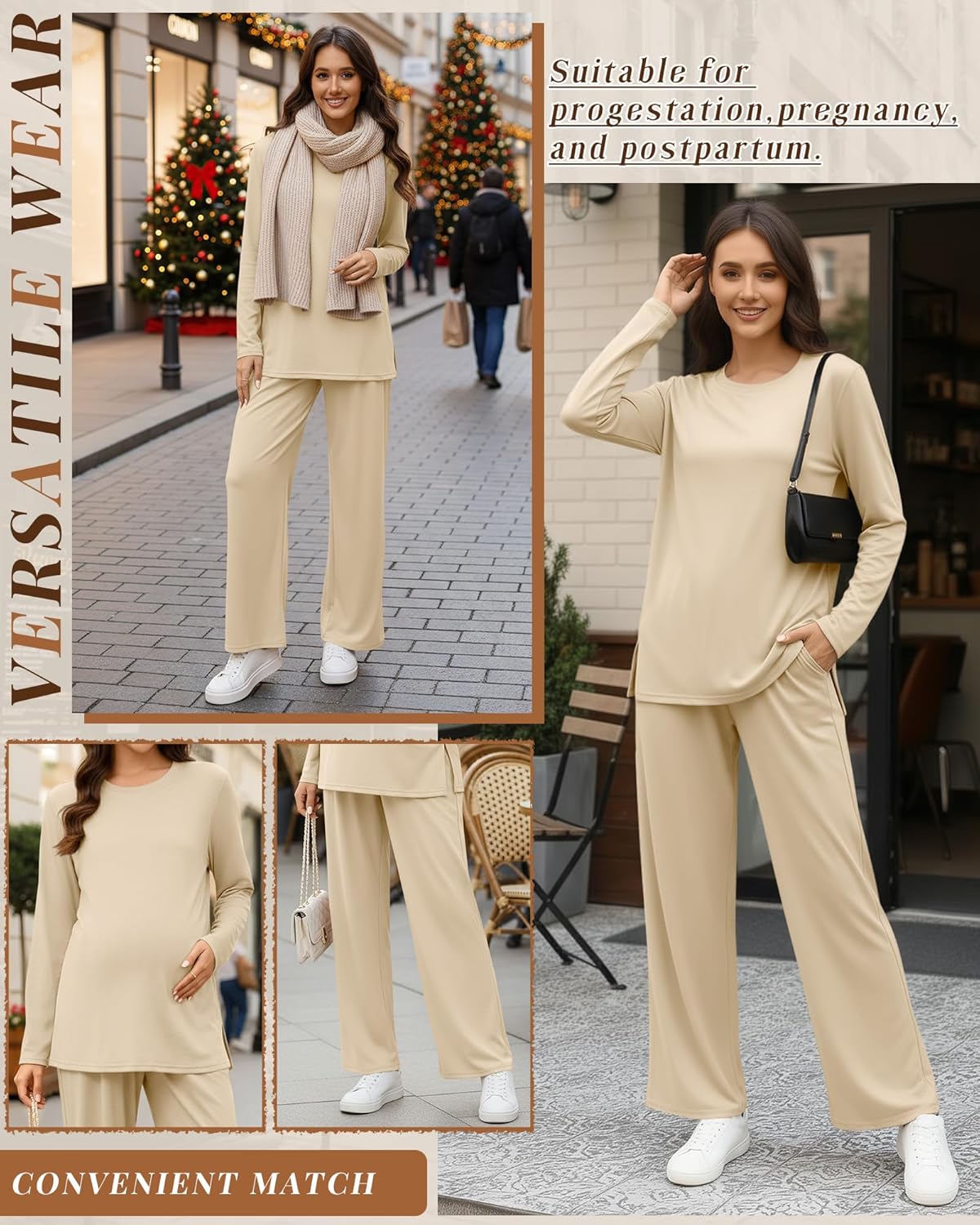 Women's Maternity Lounge Sets 2 Piece Knit Pajamas Long Sleeve Side Slits Top Adjustable Pant Pregnancy Outfit - Image 3