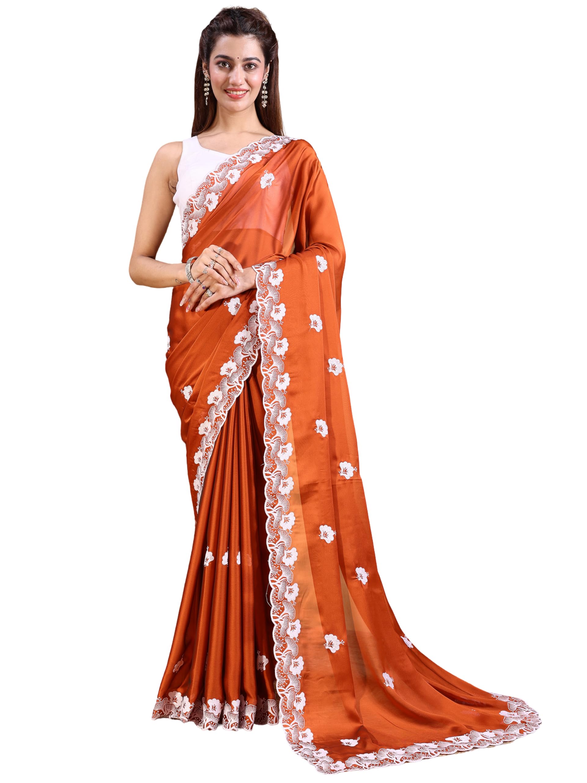hesvi Women’s Rust Orange Embroidered Georgette Saree with White Floral Lace Border with Unstitched Blouse Piece-picture-35