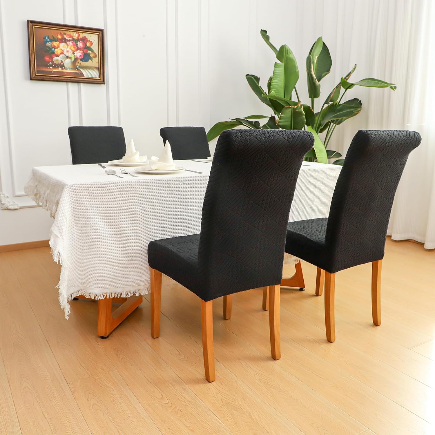 Black Dining Chair Covers Set of 6 Stretch Jacquard Dining Chair Slip Covers Washable-Jacqaurd L-Black