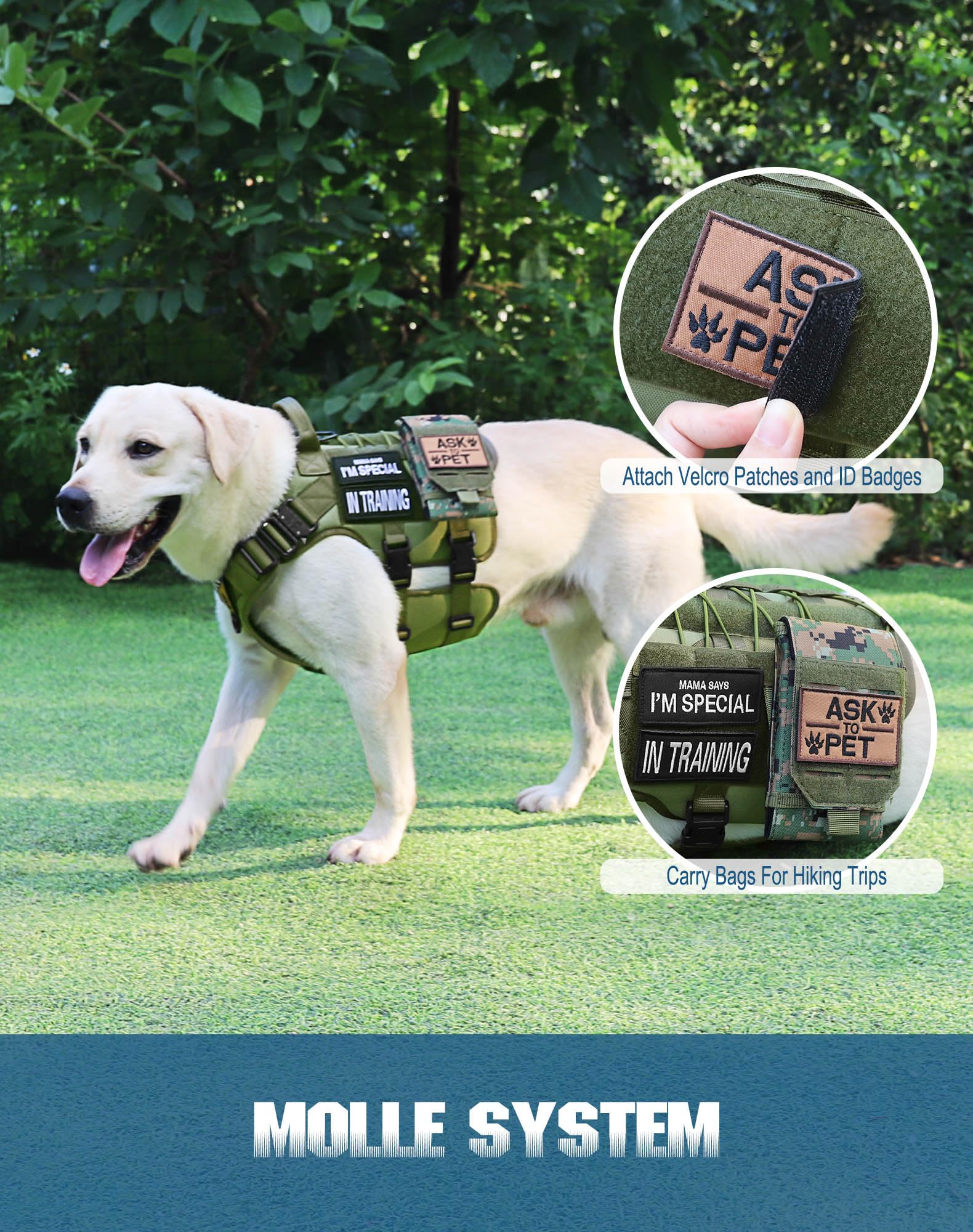 PETNANNY Arnés táctico para perro, arnés para perros de servicio, chaleco de apoyo emocional para perros medianos y grandes, chaleco para perros ESA sin tirones con gancho y bucle, chaleco Molle de