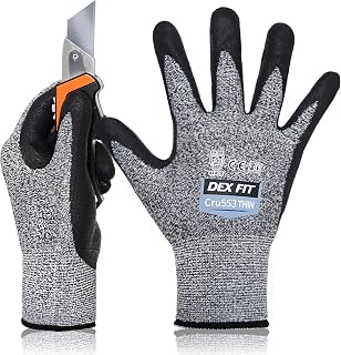 DEX FIT Level 5 Extreme Cut Resistant Gloves Cru553 Thin, Non-Slip Power Grip, Professional Grade 3D Comfort Fit, Thin & Lightweight, Breathable, Touchscreen Compatible, Itch-Free; Grey XL (10)