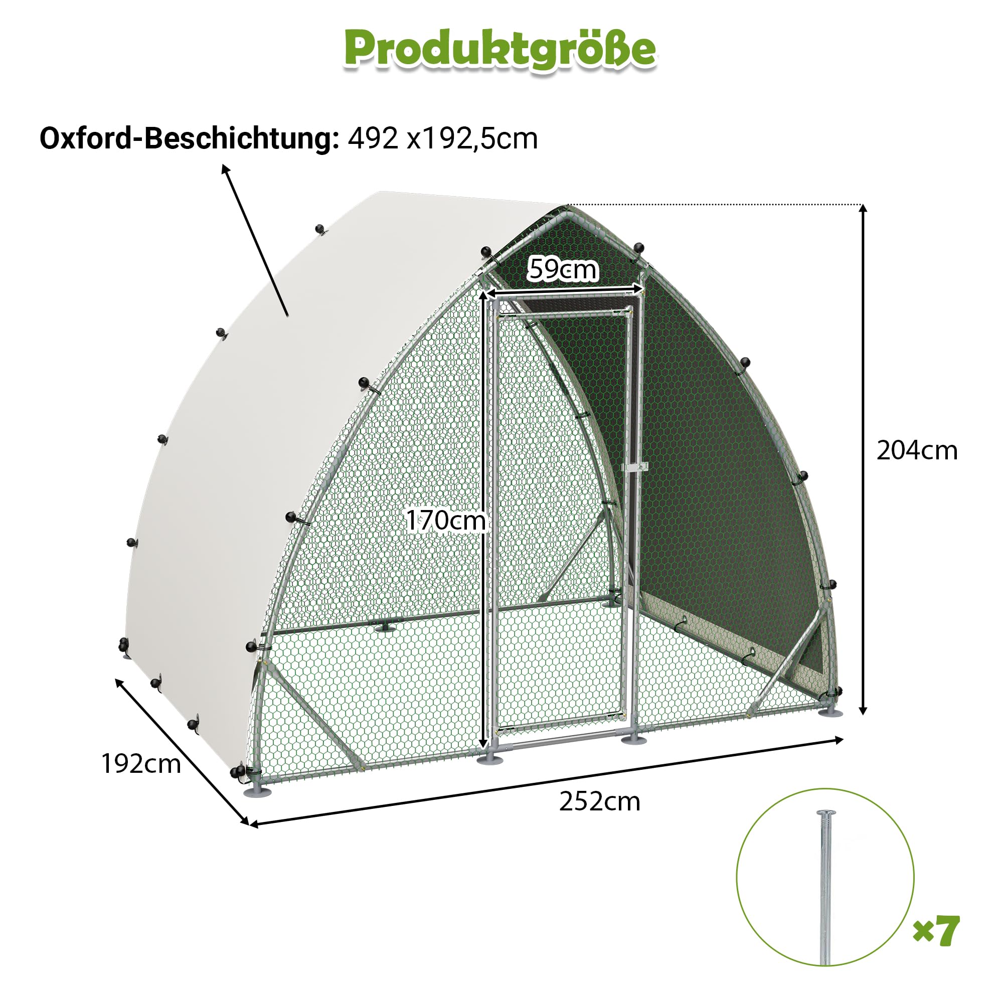 Thanaddo Hühnerstall Metall Freilaufgehege Hühner, 2,5x2 m Dreieckig-oval Hühnergehege mit PE-Tuch, Verzinkter Stahl Kleintierstall mit Riegelsystem-Tür für Hühner Haustierkäfig Kleintiere Garten
