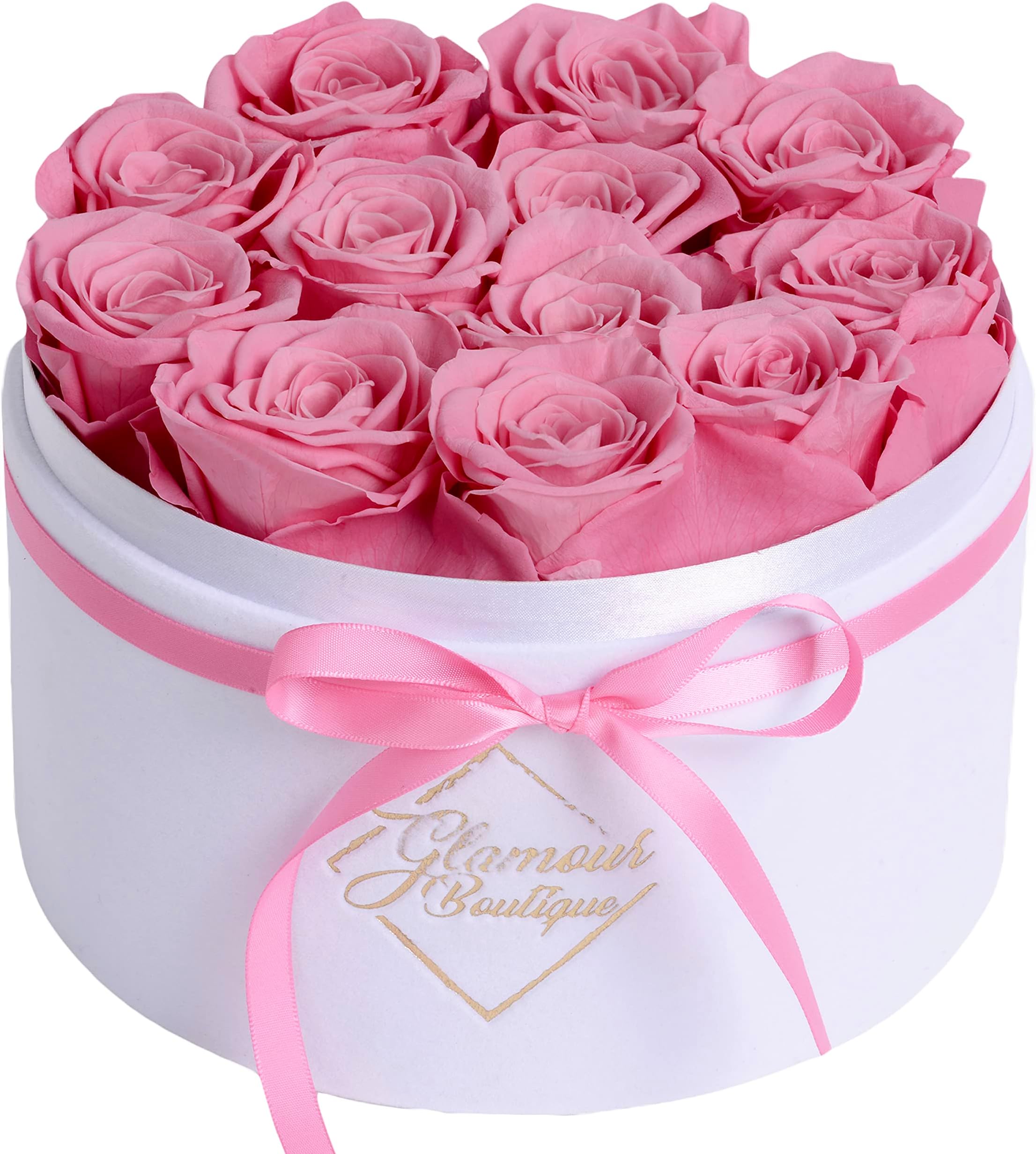 - GLAMOUR BOUTIQUE Flower Forever Gift Box, 12 Real Preserved Roses in Round Velvet White Box, Handmade Floral Gift with Rose Petals for Birthday, Anniversary or Graduation, Pink (Color-Treated)