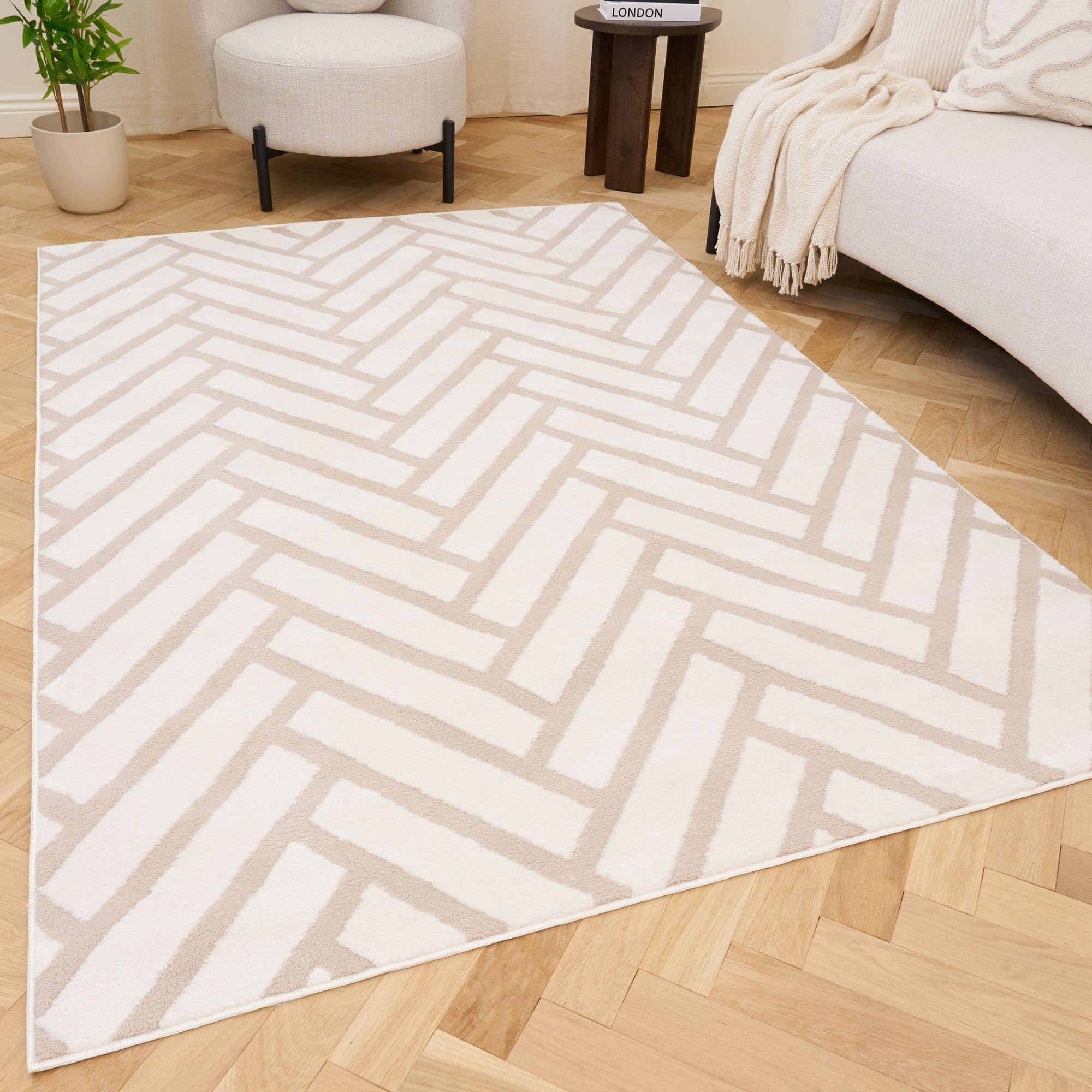 THE RUGS Living Room Rug, Loft Collection – Modern Textured 14mm Soft Pile Area Carpet, Non-Shedding & Easy Care [ Chevron Beige, 80x150 cm]