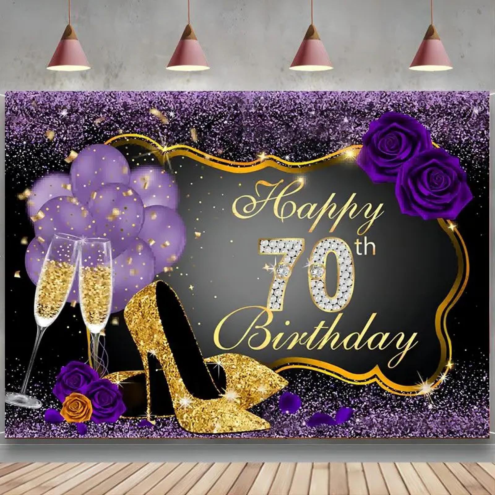 Happy 70th Birthday tło błyszczące fioletowe złote ramki tło dekoracje imprezowe balony różane obcasy kieliszek do szampana baner 300 x 200 cm