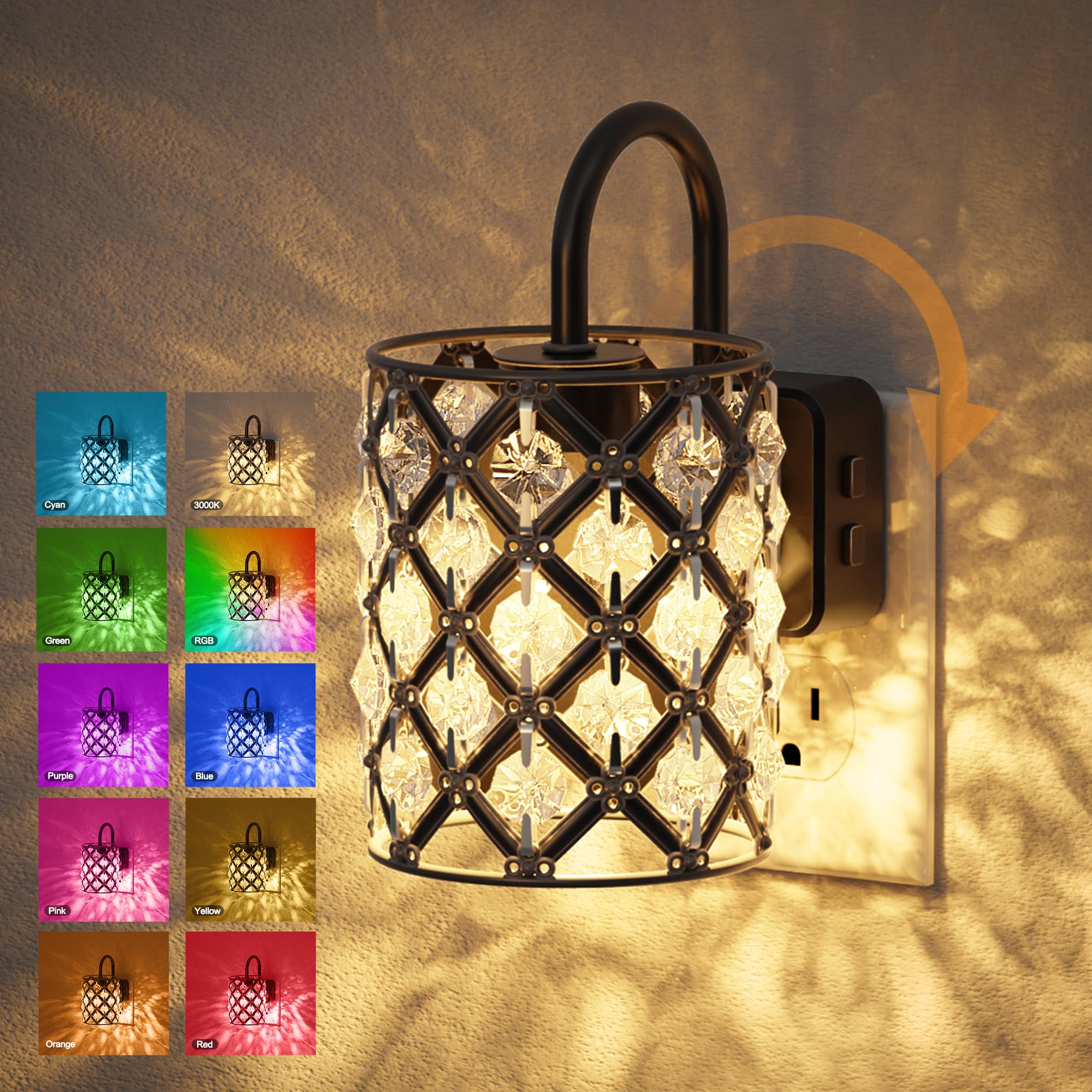 JandCase LED Night Light Night Lights Plug into Wall Color Changing Nightlight with Dusk to Dawn Sensor Crystal