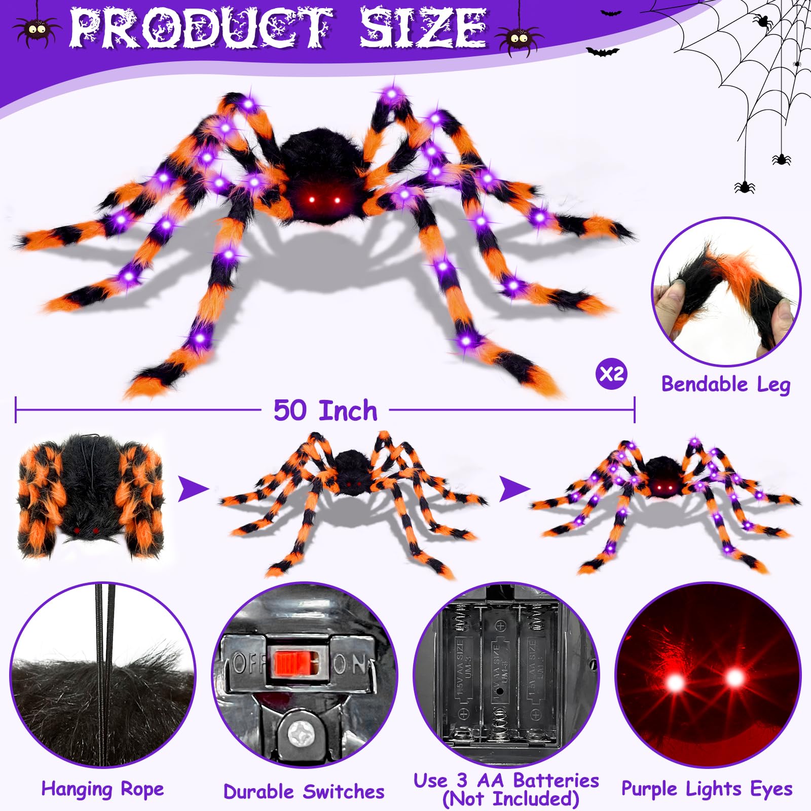 Confezione da 2 ragni giganti di Halloween da 127 cm, ogni ragno arancione e nero con 26 luci LED viola, ragno finto spaventoso che si illuminano per esterni, cortile, portico, giardino, prati