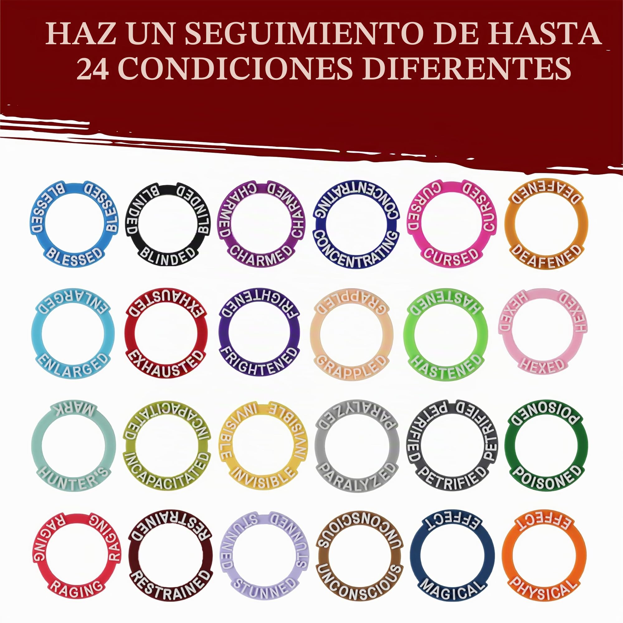 Marcadores de Condición p/Miniaturas rol - 96 Condition Rings/Anillos con 24 Efectos de Estado y Hechizos. DND Tokens p/Figuras RPG, Dungeons and Dragons, Dragones y Mazmorras Regalo Accesorios D&D