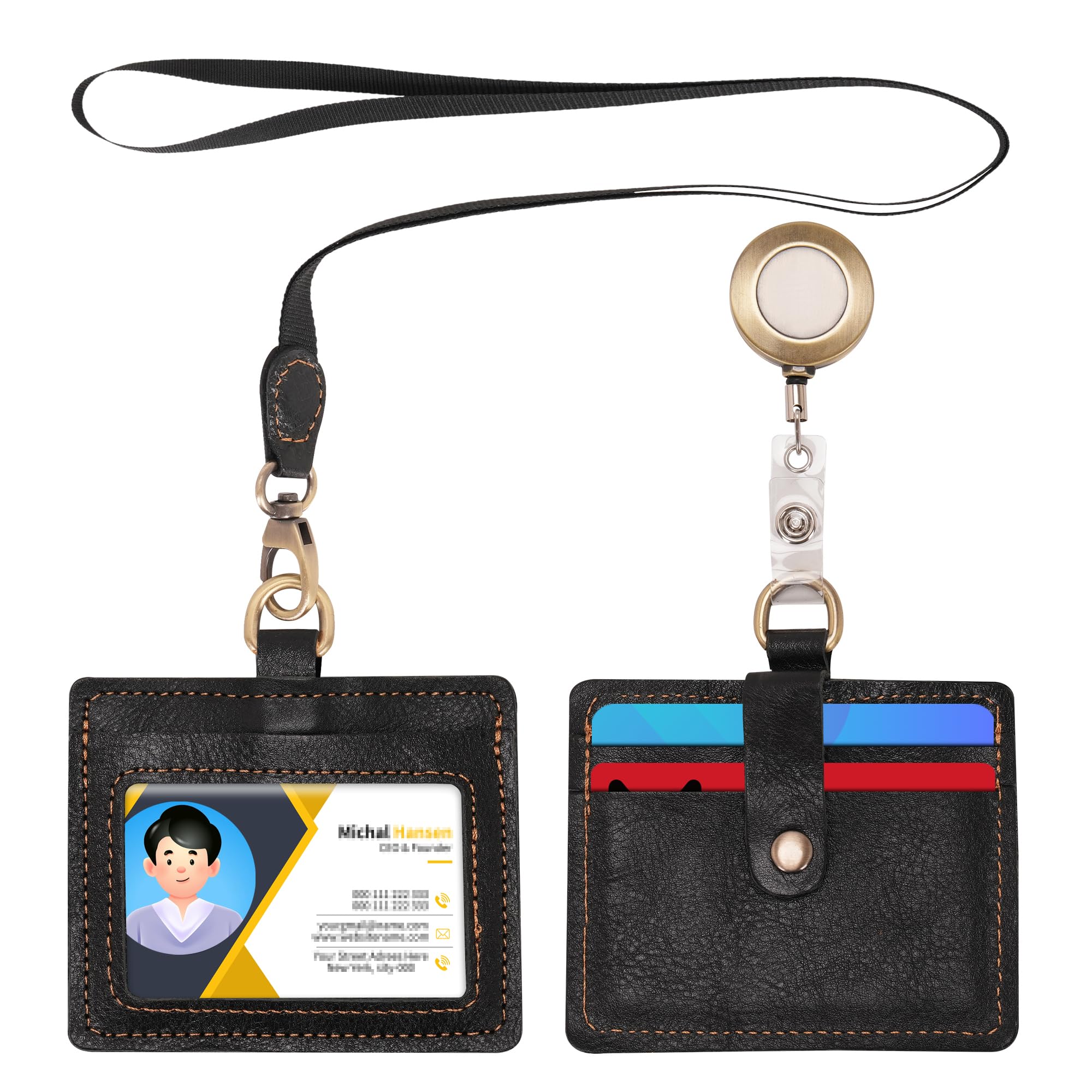 Wonderpool Leather Horizontal Badge Holder with Detachable Neck Lanyard and Retractable Badge Reel Clip, Card Slots Case ID Card Holder for ID Badges