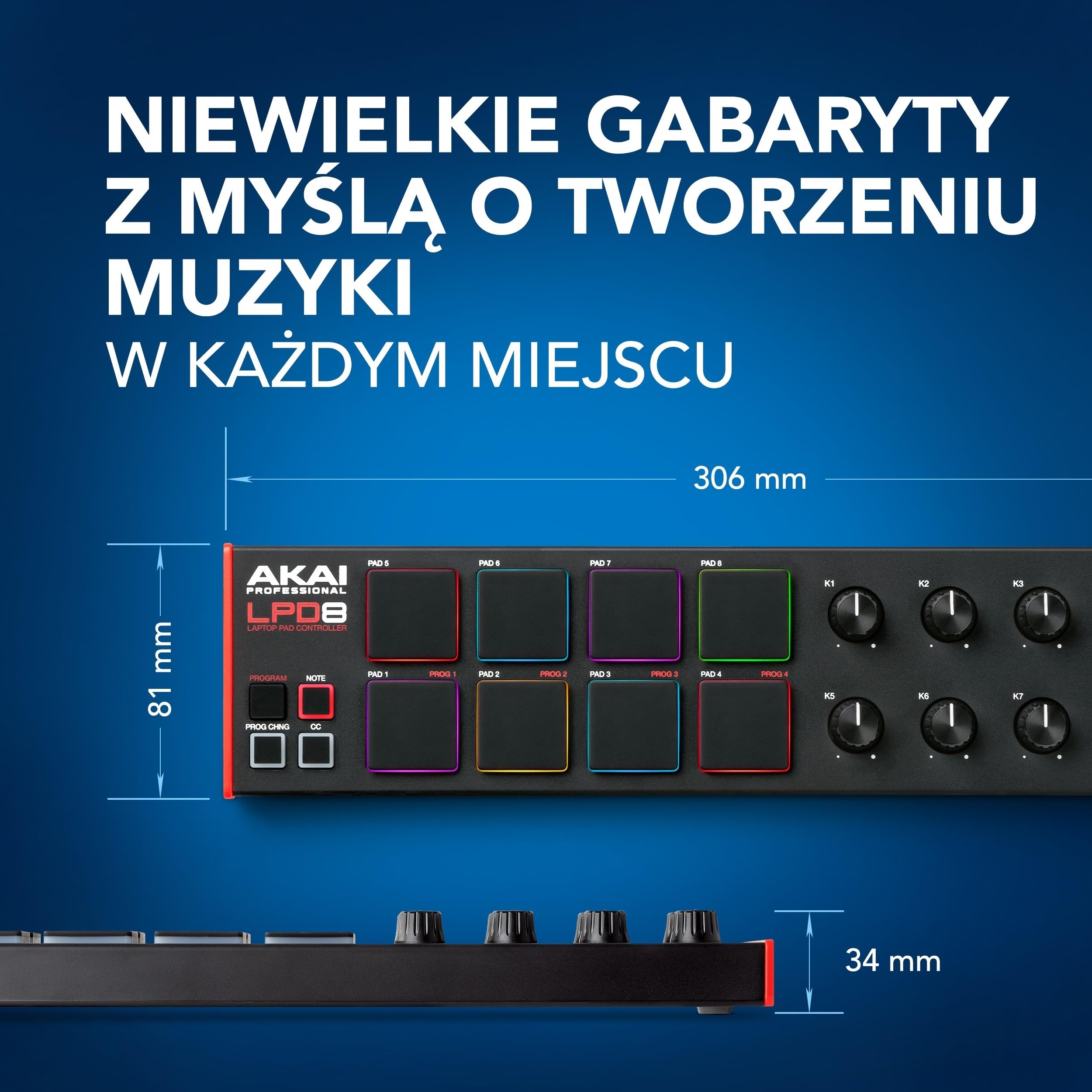 Akai Professional LPD8 - Kontroler USB MIDI z 8 Responsywnymi Padami Perkusyjnymi MPC (Mac i PC), 8 Pokrętłami i Programy do Produkcji Muzyki