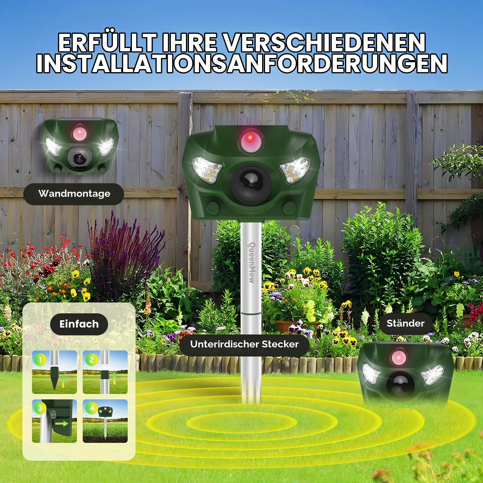 Katzenschreck Ultraschall, 5 Modi Solar Katzenschreck für Gärten, 26 Fuß Tiervertreiber mit Alarmton und Blitzlichtern, für Hunde, REH, Fuchs, Vogel, Kaninchen, Eichhörnchen