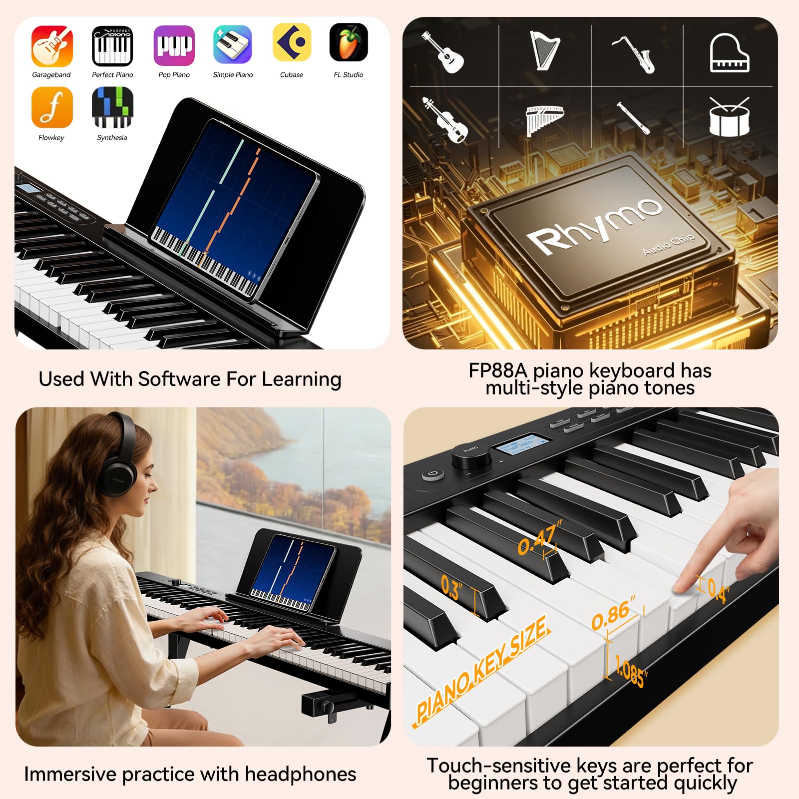 Rhymo Faltbares E-Piano 88 Vollgröße Halbgewichtet, Bluetooth MIDI | Integriertes Metronom, Split & Dual-Tone für Anfänger & Erwachsene mit Tragetasche