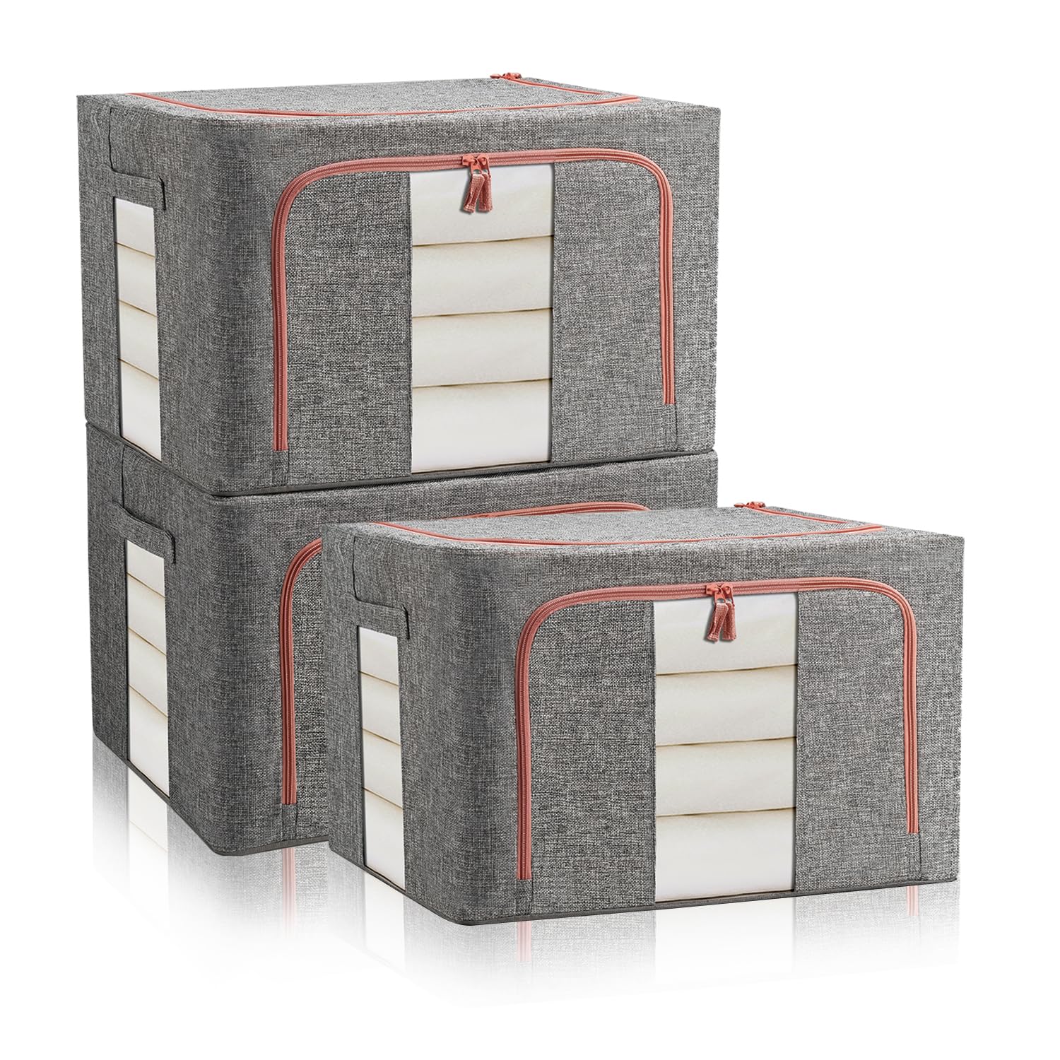 FUSACONY Clothes Storage Bag 3 Pack Storage Boxes with Lids, Foldable Oxford Cloth Steel Frame Box