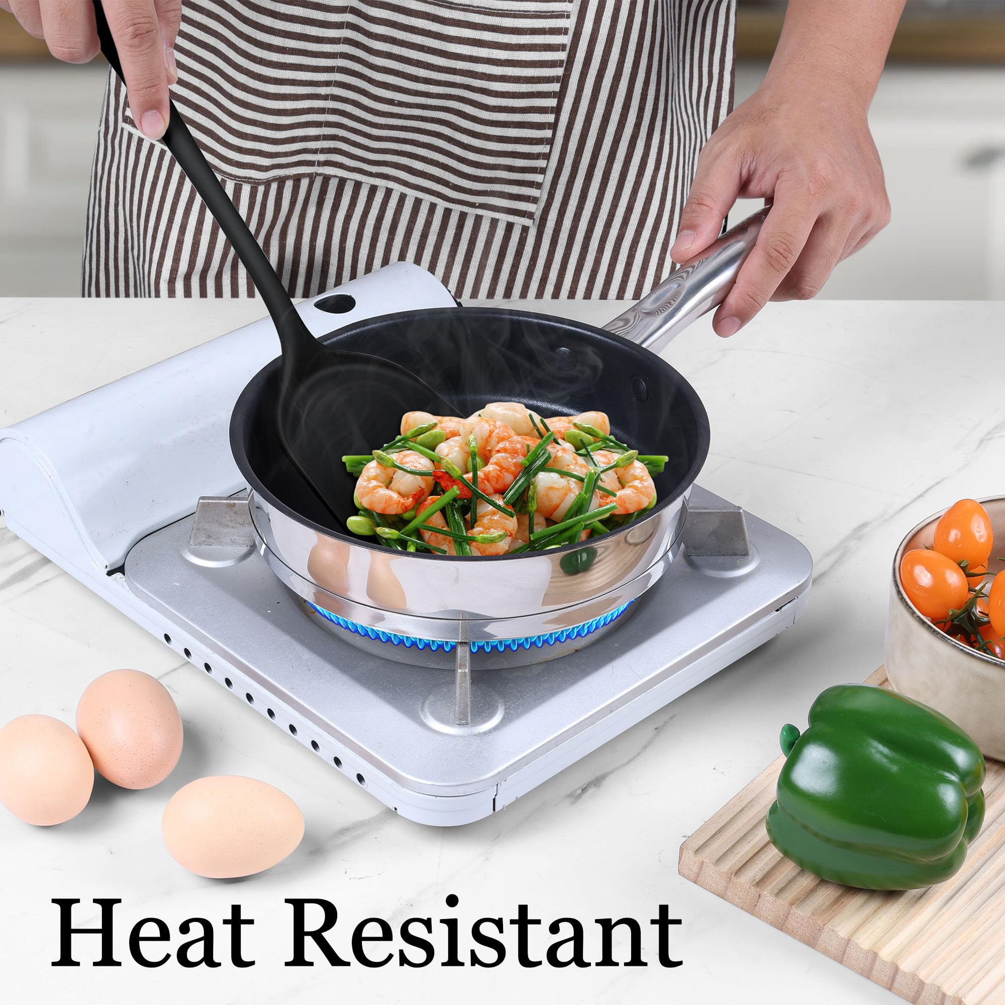 LIANYU Juego de 8 utensilios de cocina resistentes al calor, juego de espátulas de silicona antiadherentes con espátula, cucharón, volteador, cuchara, apto para lavavajillas, color negro