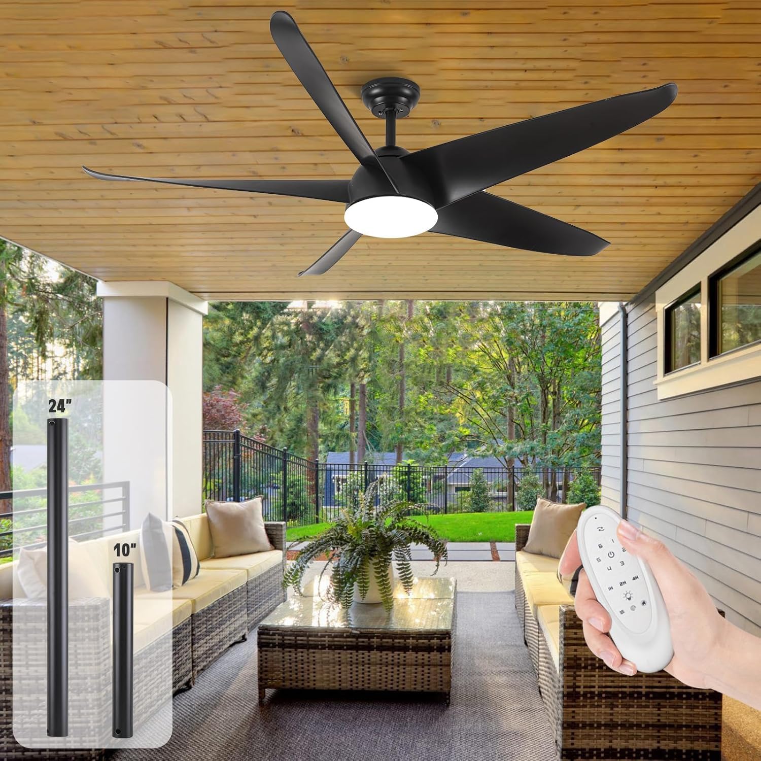Savey'Sley Black Outdoor Ceiling Fans with Lights and Remote Control, 60 Inch Modern Ceiling Fans Quiet Reversible DC Motor, Large Ceiling Fan Air