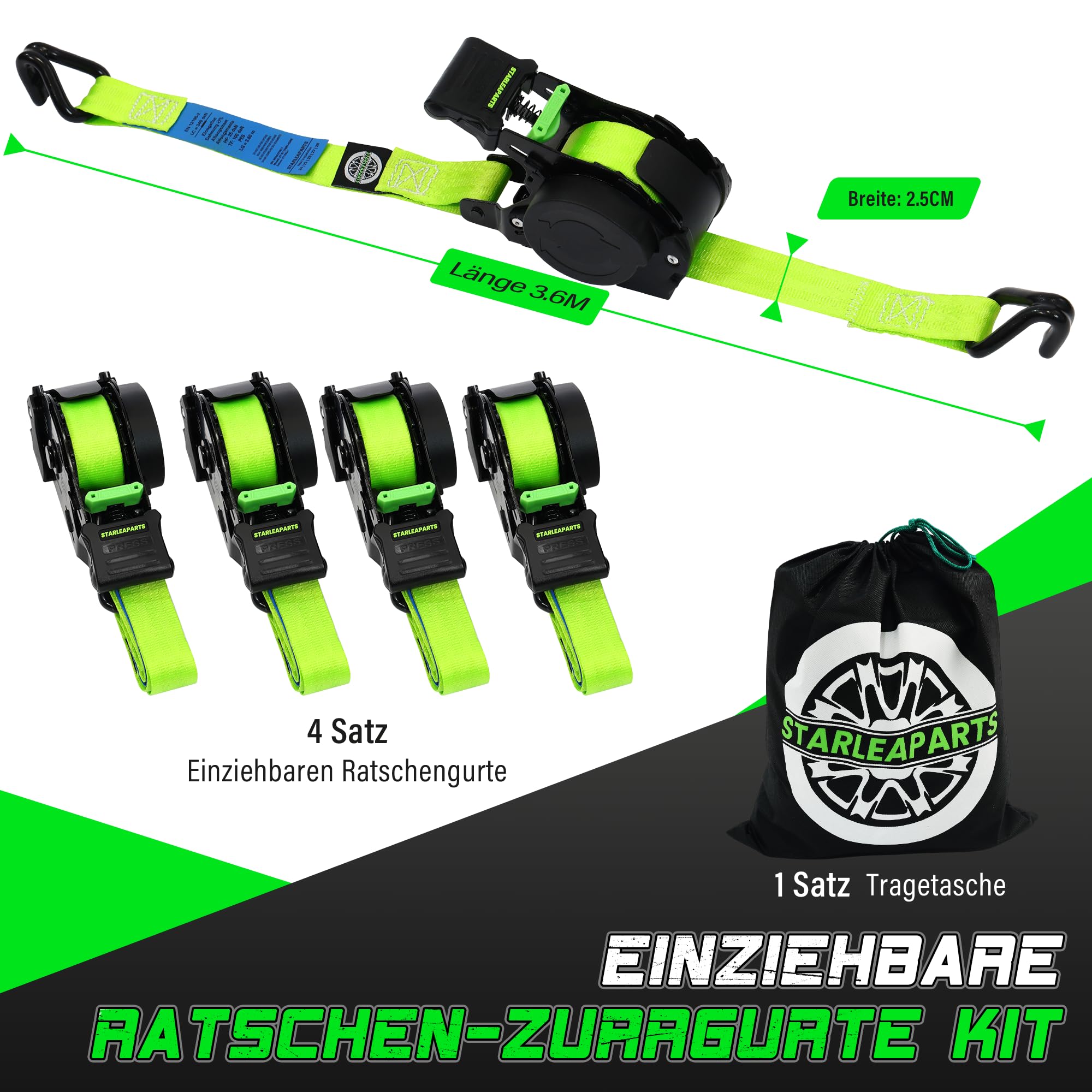 StarLeaparts 4 automatyczne pasy mocujące z hakiem J, automatyczne zwijacze pasa mocującego 3,6 m x 25 mm, 340 kg/680 kg, wysuwane pasy mocujące z grzechotką do motocykli, kajaków i ciężarówek, kolor