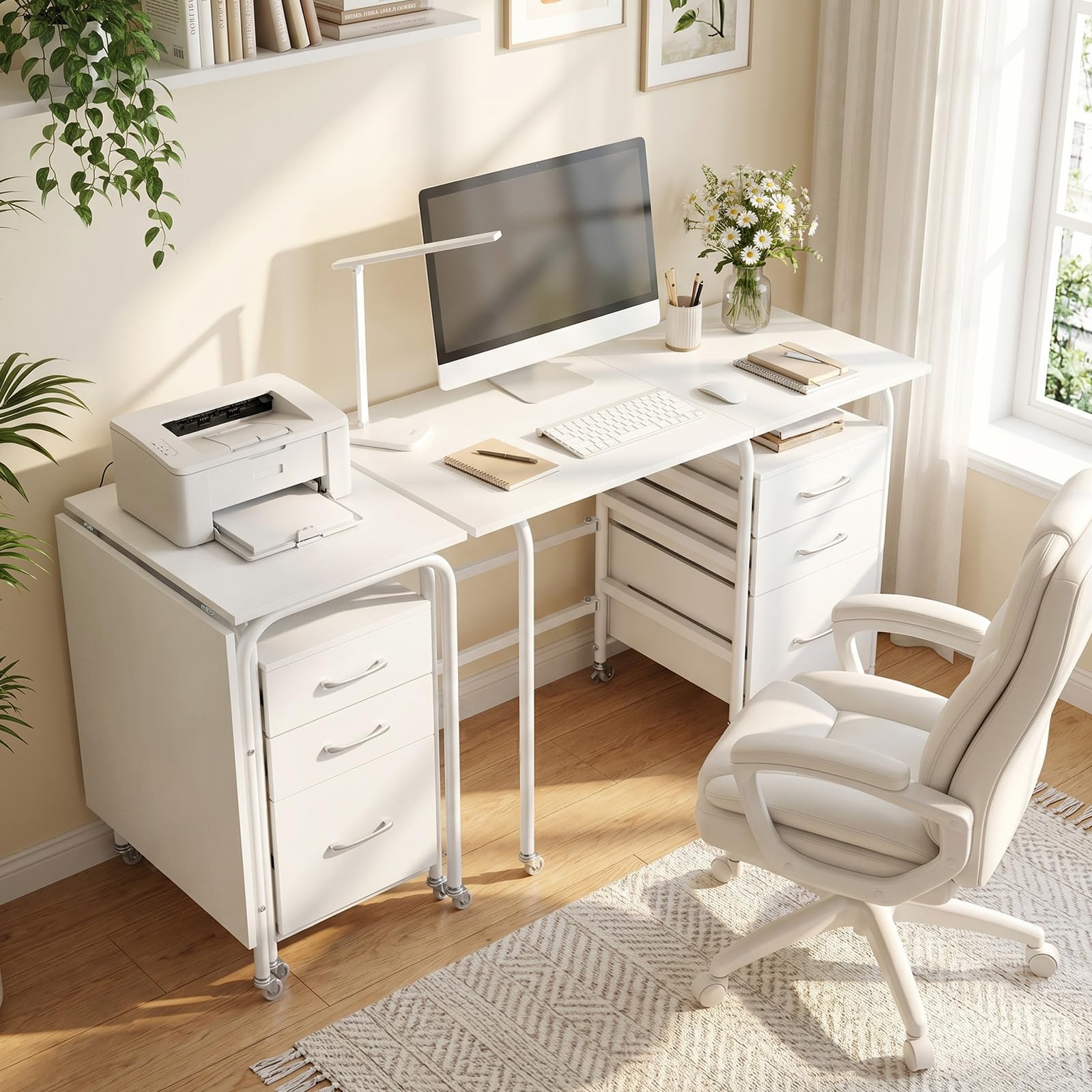 COSTWAY Scrivania Salvaspazio con 3 Cassetti e Ruote Bloccabili, Scrivania Porta PC Pieghevole con Struttura in Metallo per Studio e Ufficio, 105 x 50 x 75 cm, Portata 100 kg (Bianco)