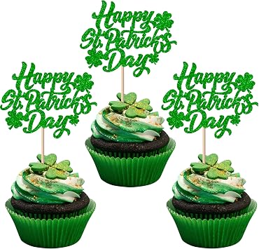 Rsstarxi 24 Pack Happy St. Patricks Day Cupcake Toppers Glitter Lucky Four Leaf Cupcake Picks for St.Patricks Day Irish Clover Shamrock Baby Shower Birthday Party Cake Decorations Supplies