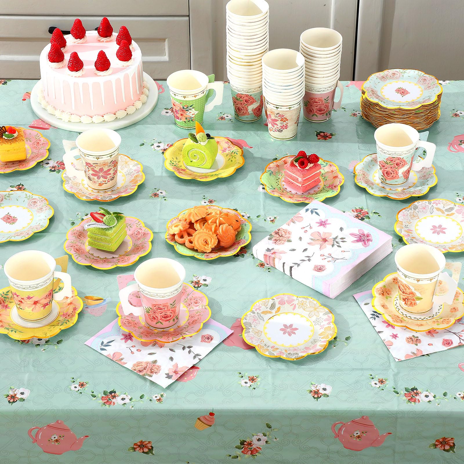 Yungyan 193-teiliges Einweggeschirr-Set mit 266 ml Pappbecher mit Griff, 17,8 cm 22,9 cm Pappteller, Servietten, Tischdecke für Blumen-Teeparty, Hochzeit, Geburtstag, 193-teilig
