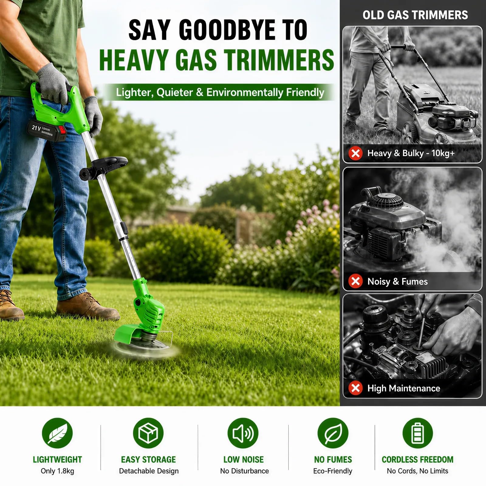 Debroussailleuse Electrique sans Fil 21V, Coupe Bordure sans Fil avec Batterie et 4 Types de Lames, Débroussailleuses Electrique Batterie pour la Coupe de Jardin, Pelouses et Terres Agricoles