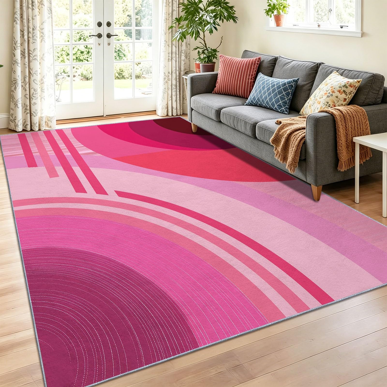 Générique Tapis Lavable Machine Salon 160 x 230 cm Antidérapant Sol Style Abstrait Poil Bas Doux Vagues Roses Blocs De Couleur Dégradé Motif Chambre Cuisine Entrée Salle Détente Dessous Lit Dortoir