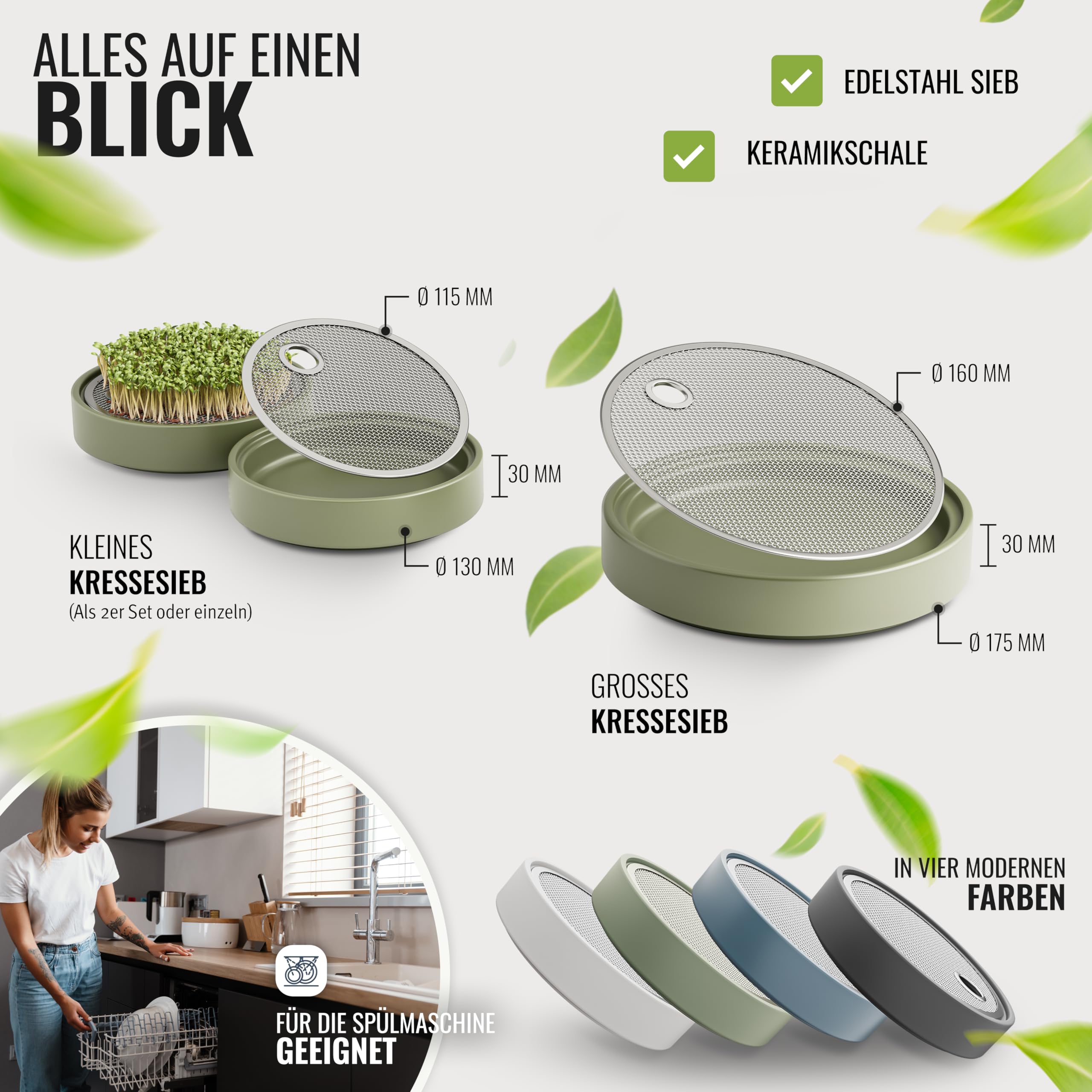 seed&eat Kressesieb (13cm) - 2er Set, Anzuchtschale für Kresse & Microgreens, mit Sprossenheft [E-Book], Keramikschale + Edelstahlsieb
