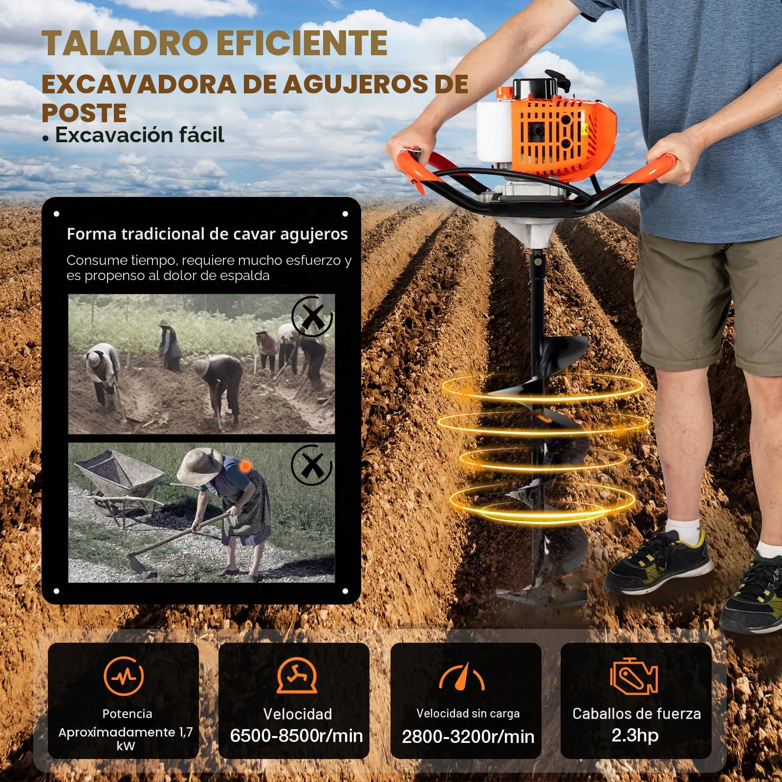 52CC 2 tiempos de gasolina de 2 tiempos, taladro de tierra para jardín, gasolina, 2,3 CV, incluye 3 brocas de 100/150/200 mm para postes de vallas, árboles, arbustos
