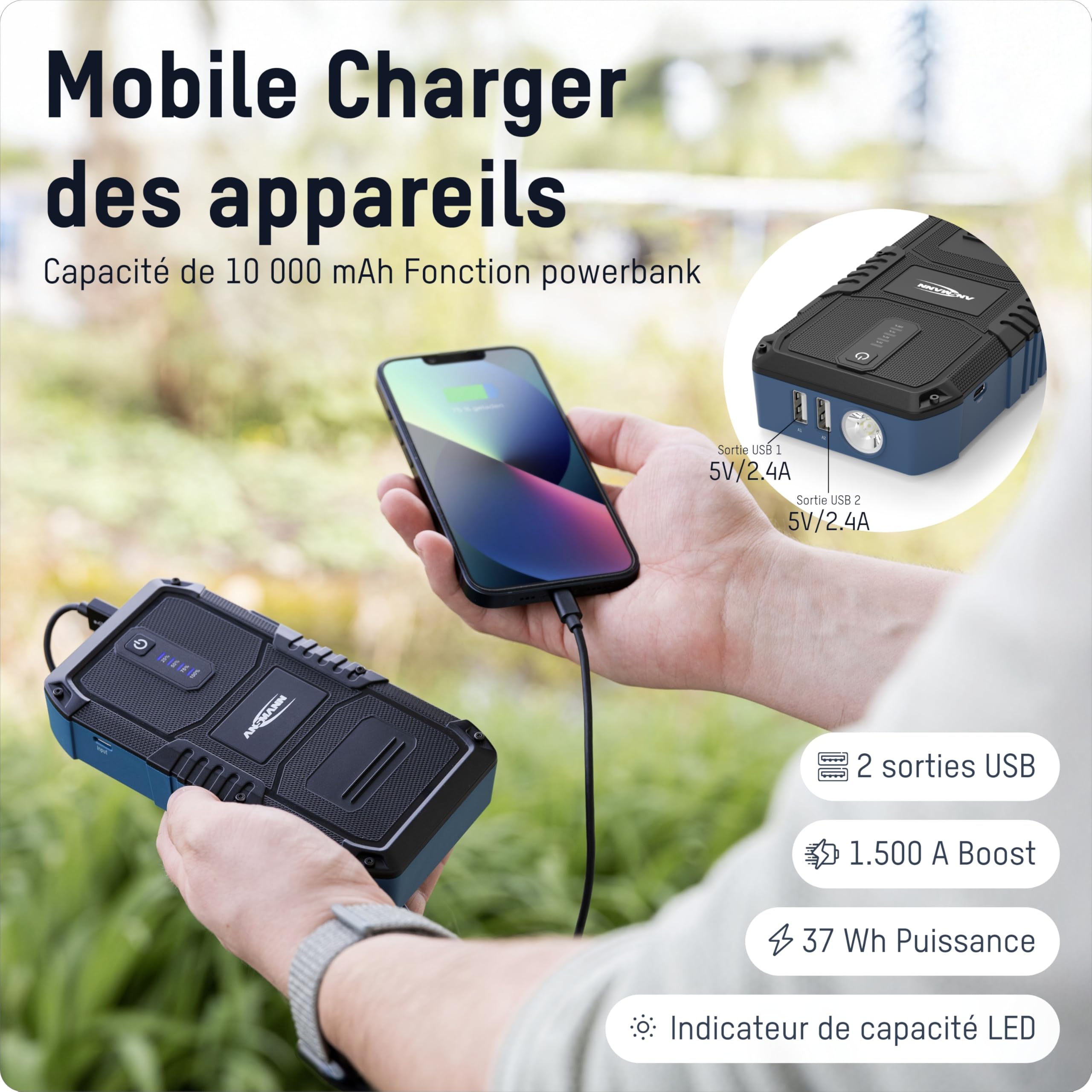 ANSMANN Banque de Puissance d'aide au démarrage, pour Batteries de véhicule 12V, Banque de Puissance de démarrage compacte,LED, 6L Essence 3L Diesel