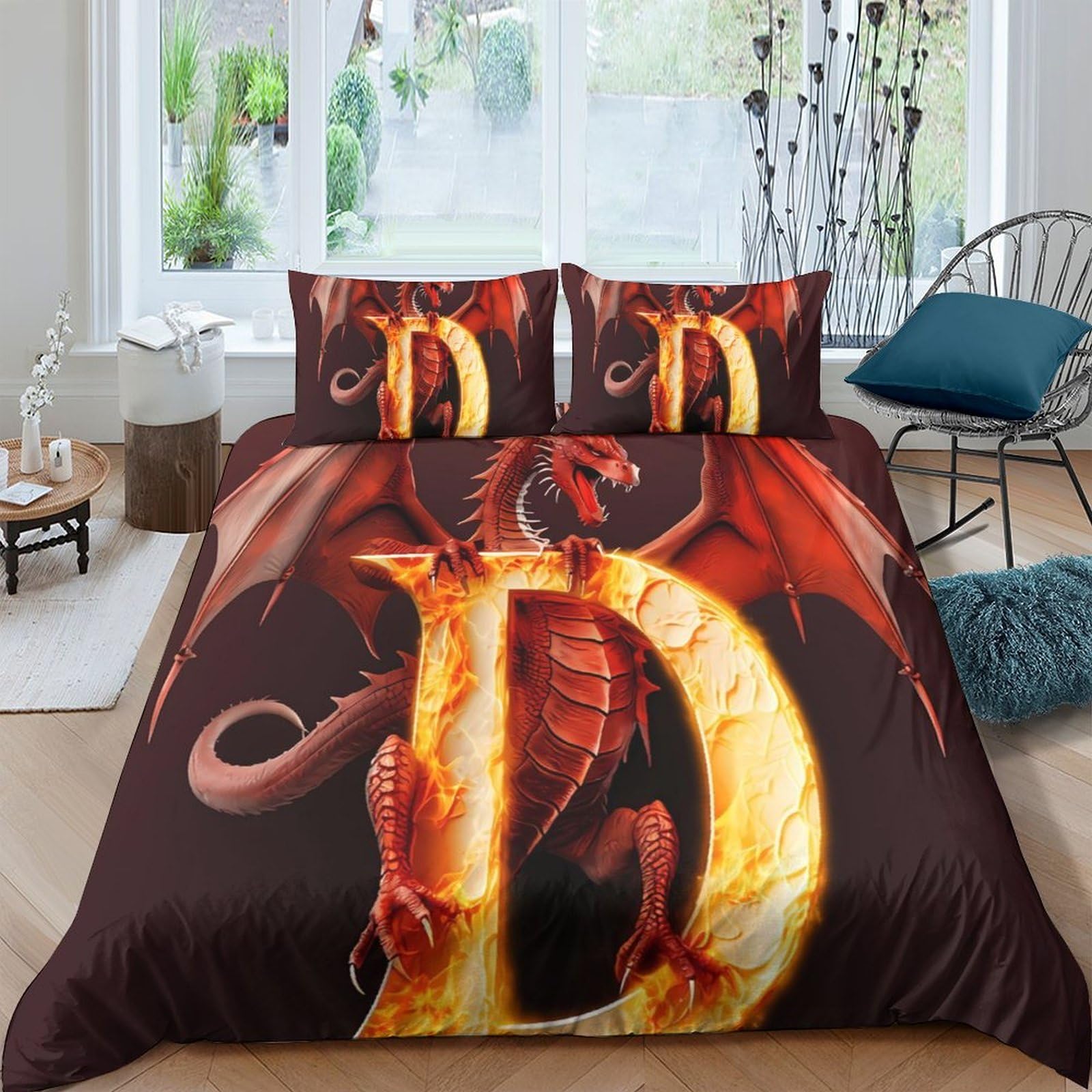GPLZQXKJNH 3D Printed Red Dragon Duvet Cover Microfiber Soft Breathable Fire Fantasy Bedding Set with 2 Pillowcases for Bedroom Decor Single（135x200cm）