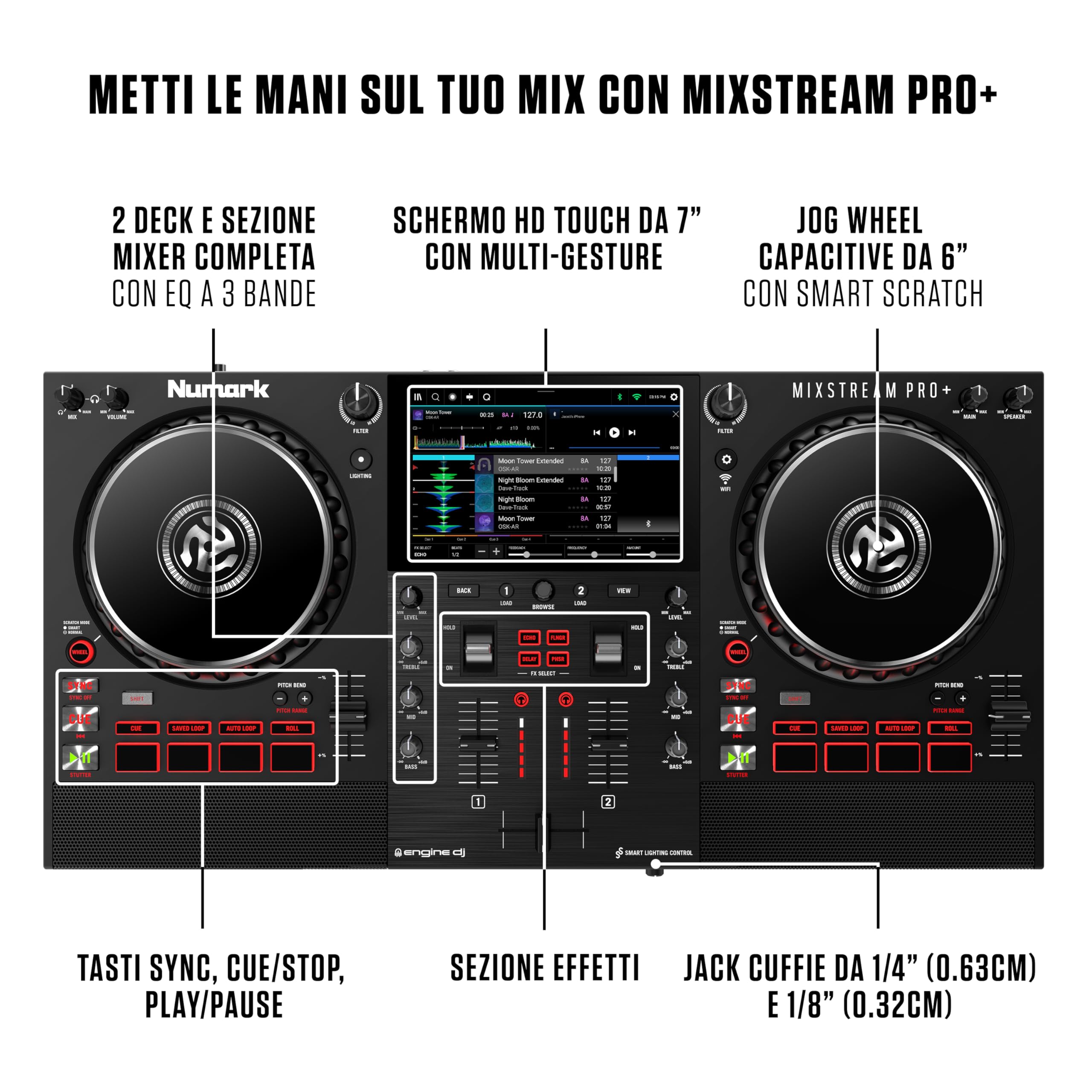 Numark Mixstream Pro+ DJ Controller z separacją stem, 2 deck, Wi-Fi, 7" touchscreen, Serato & Virtual DJ