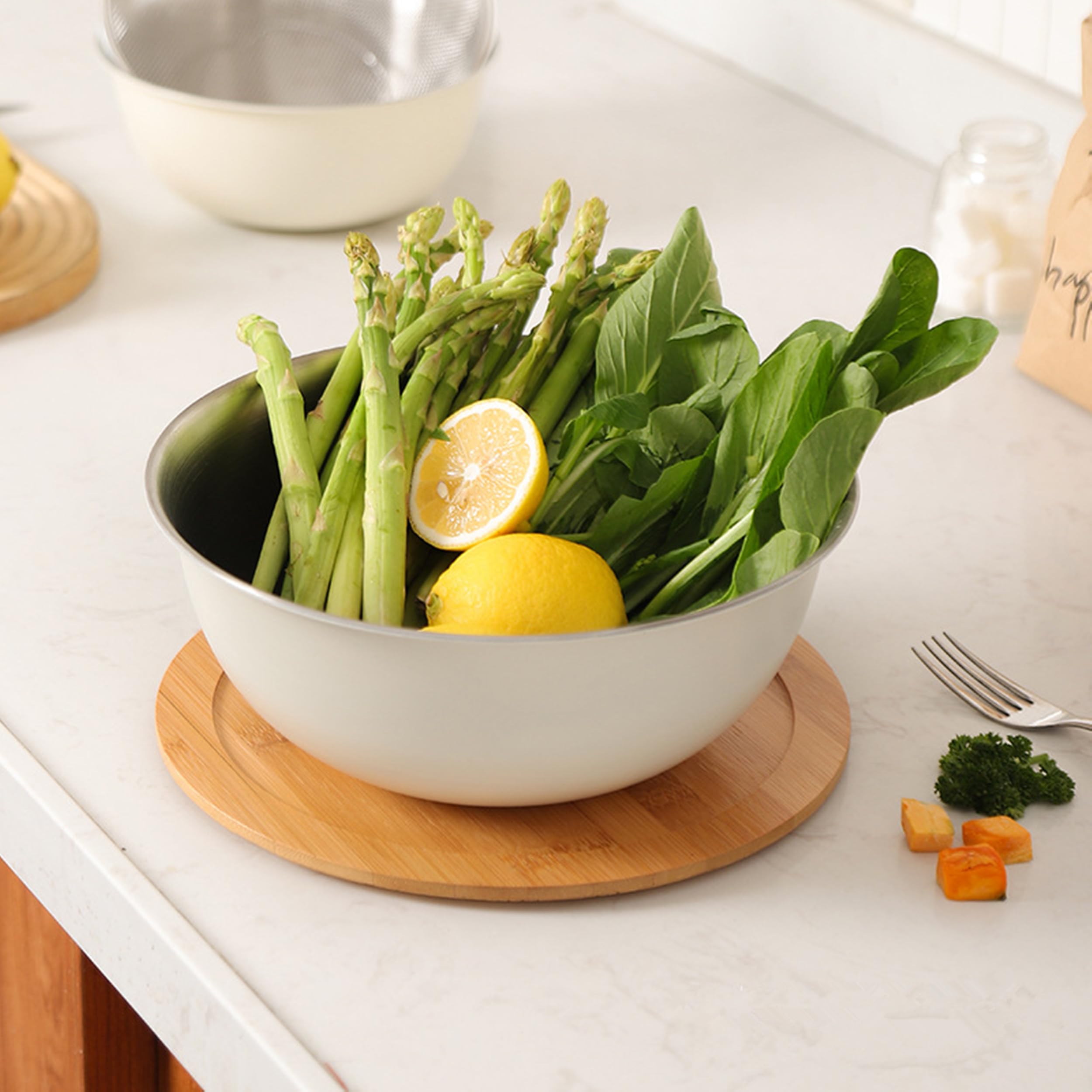 3-teiliges Schüssel-Set, Küchen-Schüssel-Set, Edelstahl-Schalen-Set 22 cm, 24 cm und 26 cm, Küchenschüssel mit Bambus-Deckel