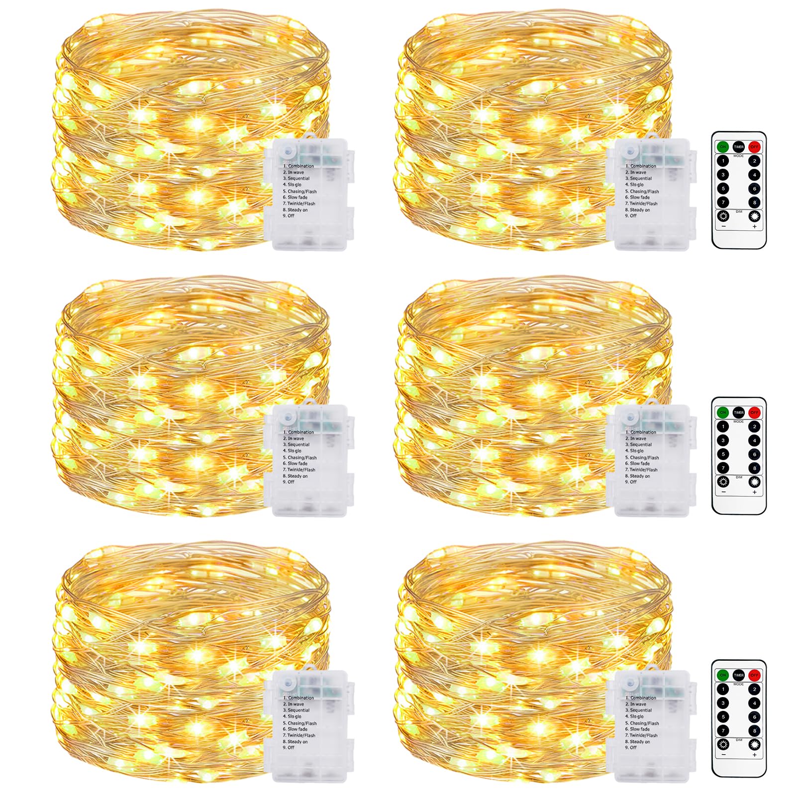 litogo Fairy Lights Battery Operated with Remote Timer, Waterproof & 8 Modes String Lights, 5M 50 LED 6 Packs Micro Twinkle Lighting for Indoor Outdoor Bedroom Christmas Wedding Decor(Warm White)