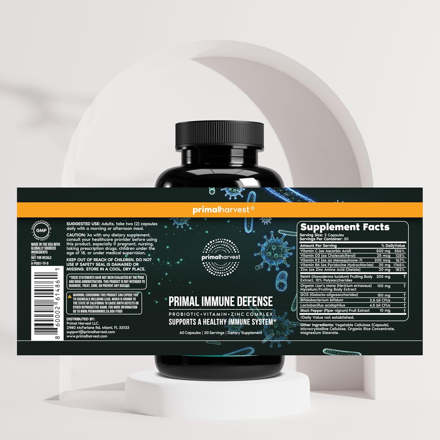 Primal Harvest Primal Immune Defense: 10-in-1 Immune Support with Probiotics, Zinc, Vitamins C, B6, D3 & K2, Immune Booster for Adults 60 Capsules (2-Pack) - Image 5