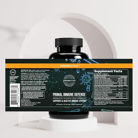Primal Harvest Primal Immune Defense: 10-in-1 Immune Support with Probiotics, Zinc, Vitamins C, B6, D3 & K2, Immune Booster for Adults 60 Capsules (2-Pack)
