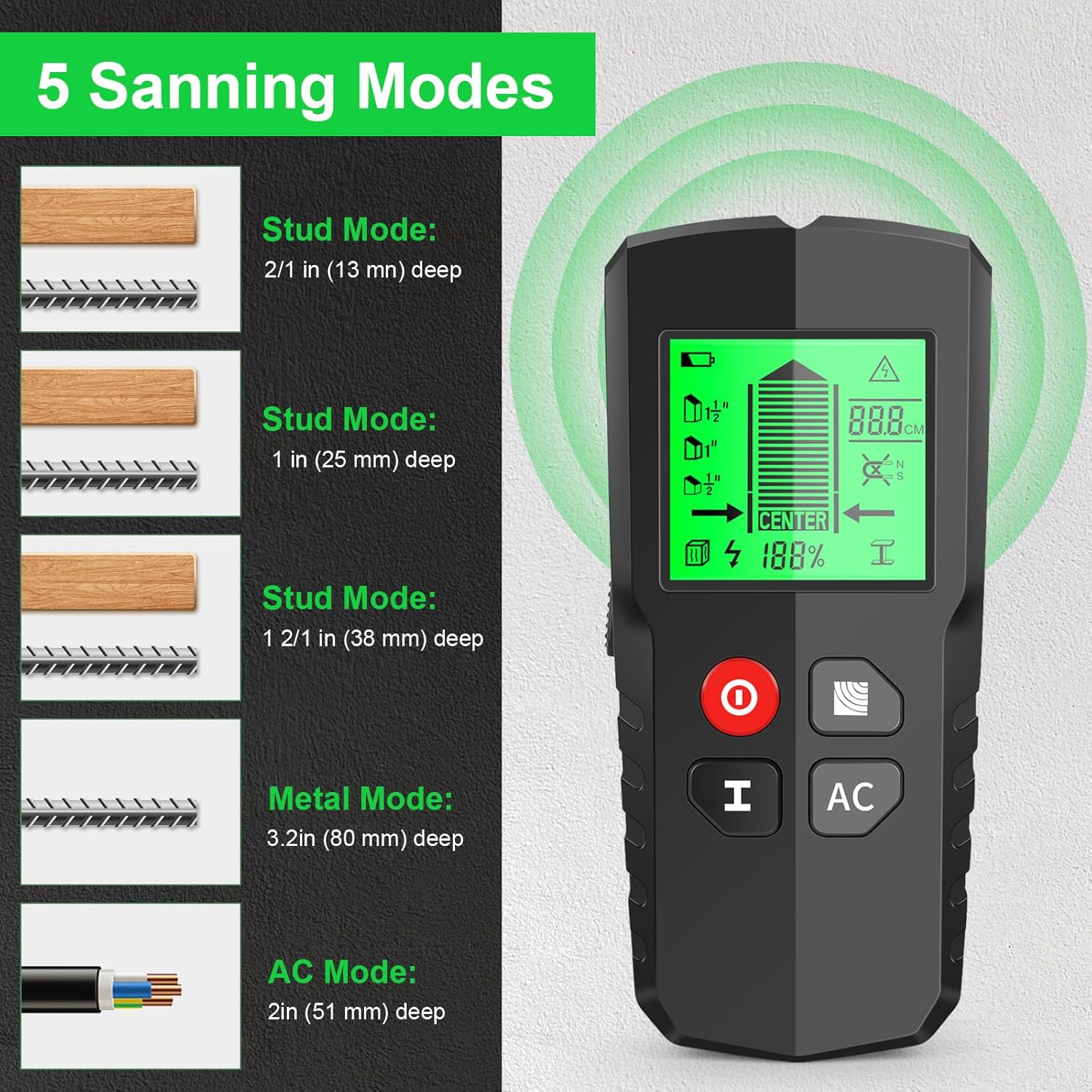 Portable Wall Scanner, Electronic Stud Sensor with LCD Display Screen, 5 Sanning Modes and Automatic Calibration, Rapid Detection and Easy to Use, for House Walls, Floors and Ceilings