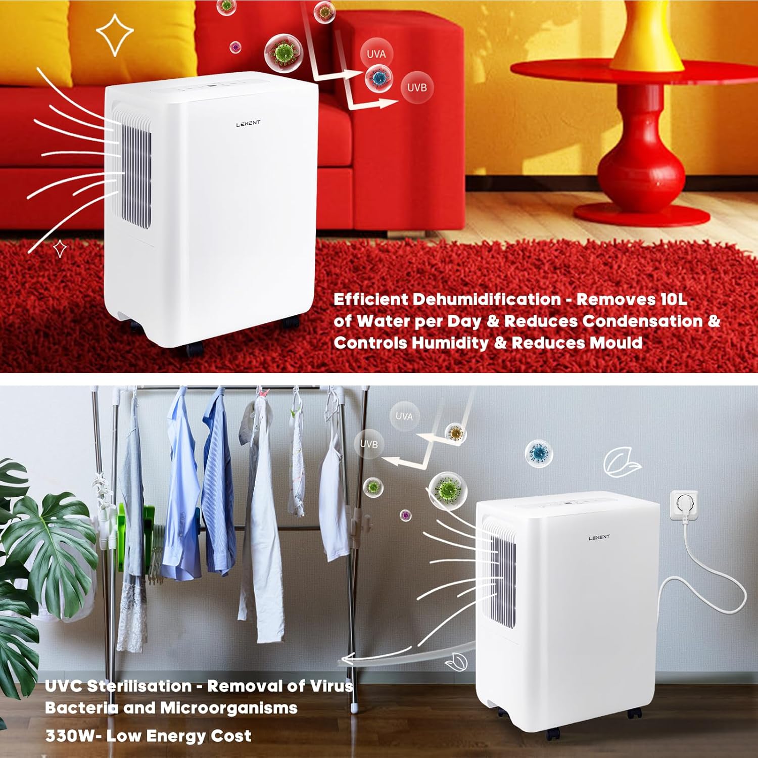 LEXENT Mevagissey 16L Dehumidifier in use for clothes drying and air purification