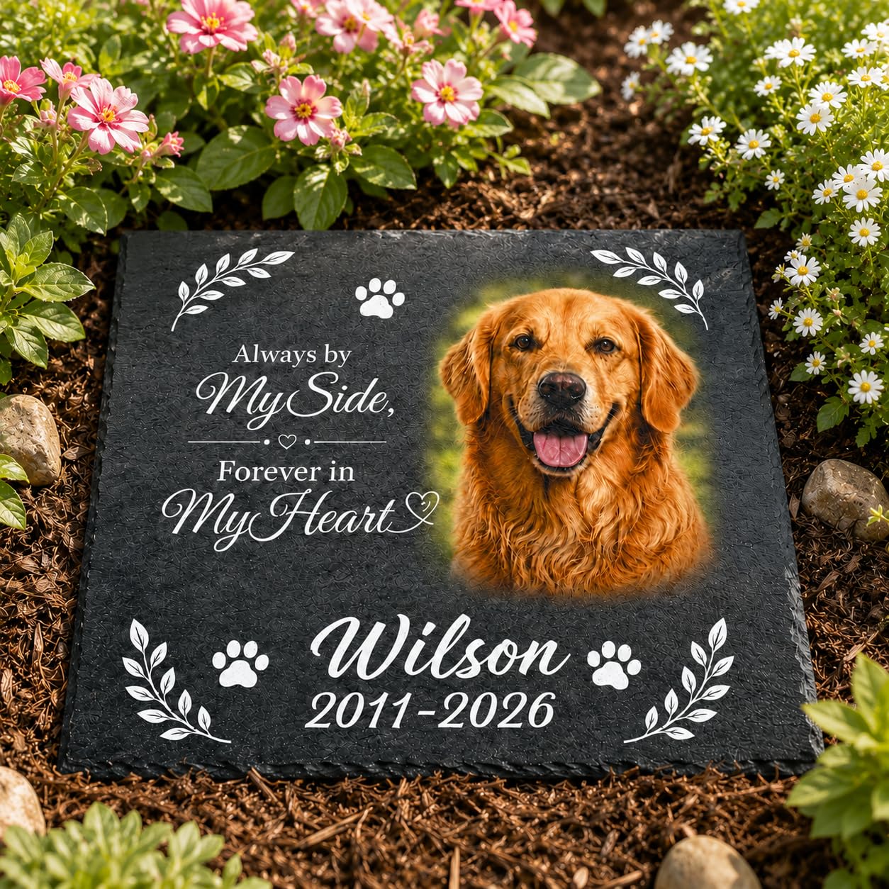 Bemaystar Dog Memorial Gifts, Personalised Pet Memorial Plaque with Photo & Name, Natural Slate Keepsake for Dogs & Cats, Garden & Home Display,Square 2 — image 1