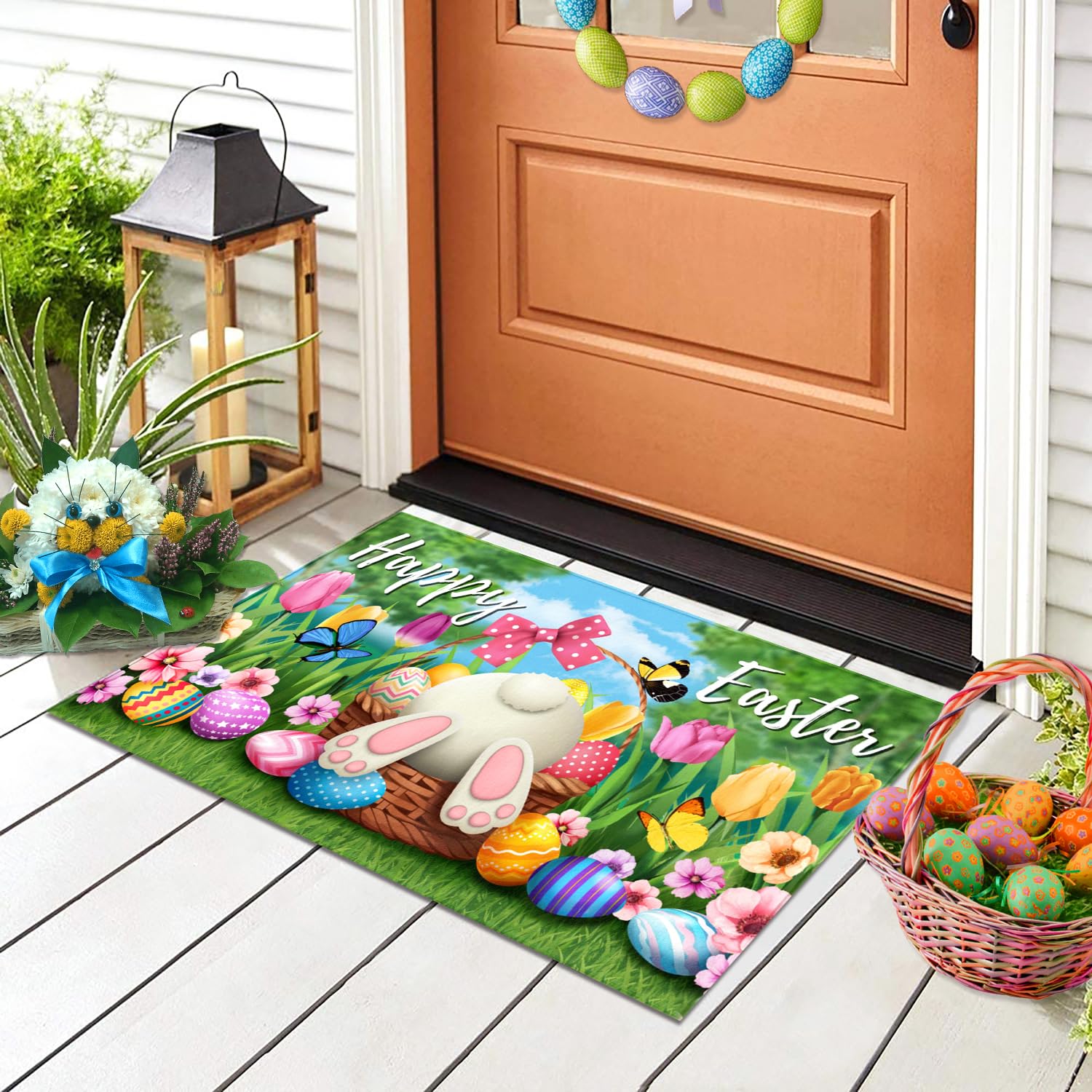 ARKUKT Happy Easter Decorative Door Mat Bunny Eggs Welcome Doormat for Indoor Outdoor, Spring Floor Mat Entry Rug Non-Slip Washable for Porch Front