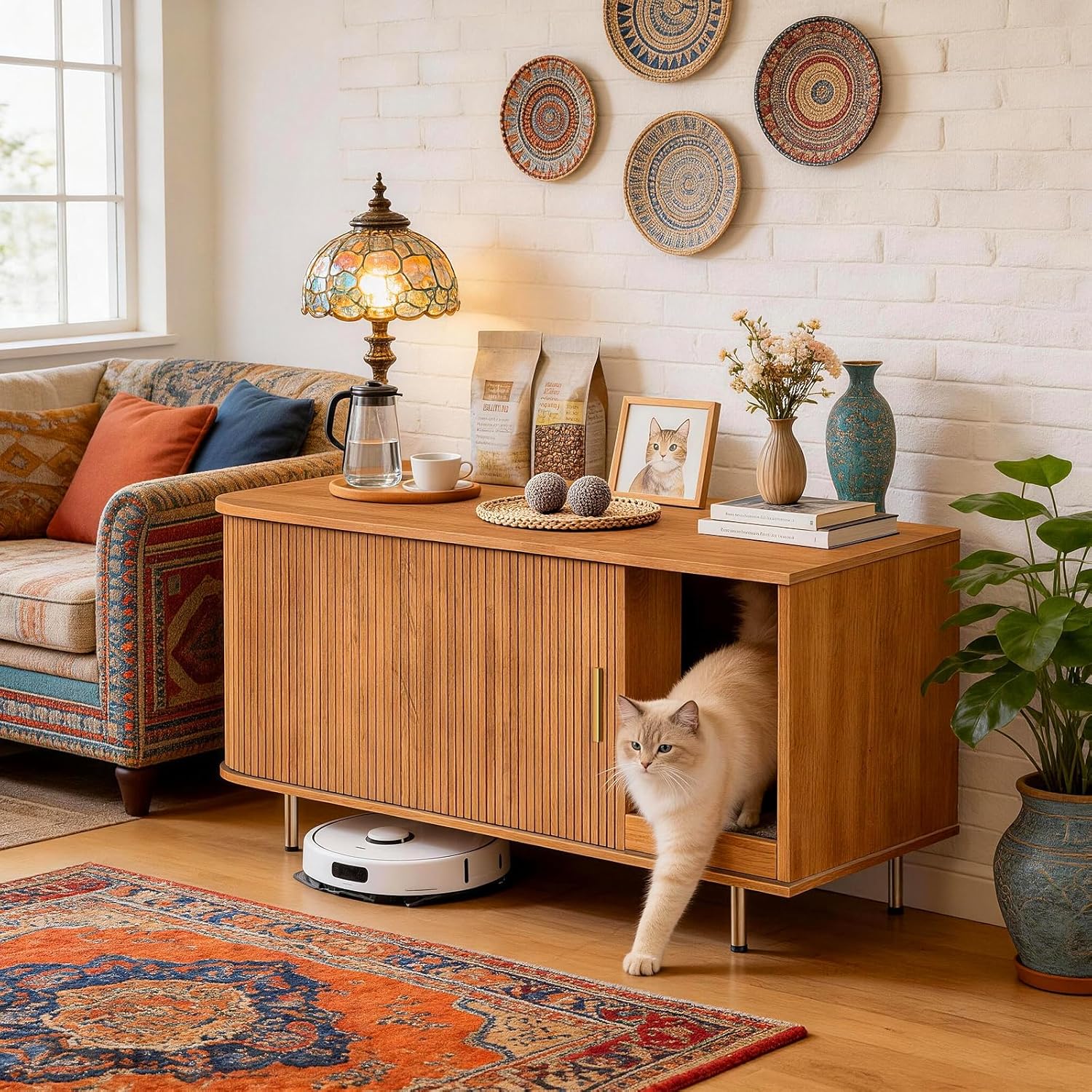 DHH Cat Litter Box Enclosure with Scratch Pad, Sliding Door, 38.5" Cat Litter Furniture Hidden Litter Box Cabinet, Modern Indoor Cat House, TV Stand, Side End Table for Living Room(Yellow Walnut)