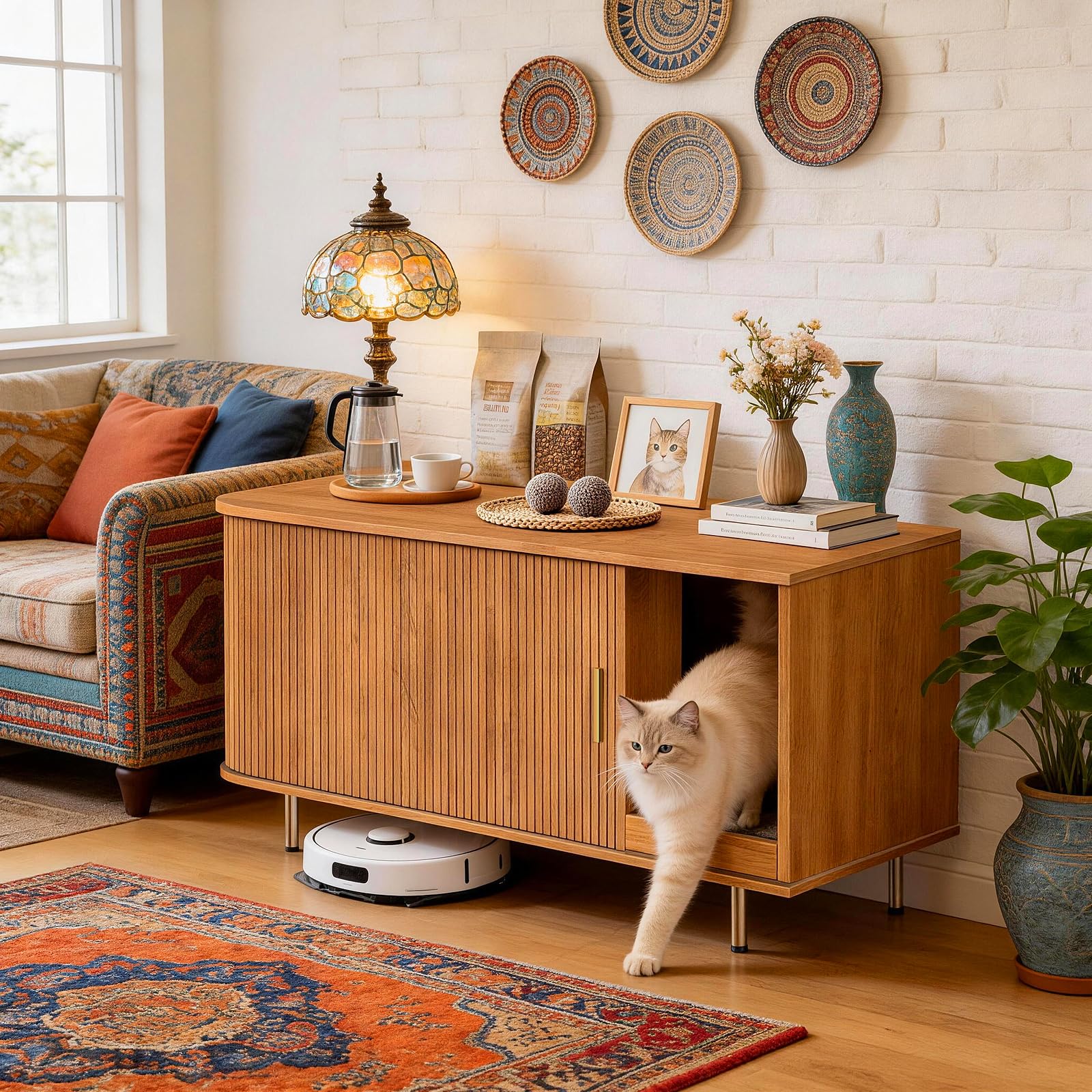 DHH Cat Litter Box Enclosure with Scratch Pad, Sliding Door, 38.5" Cat Litter Furniture Hidden Litter Box Cabinet, Modern Indoor Cat House, TV Stand, Side End Table for Living Room(Yellow Walnut)