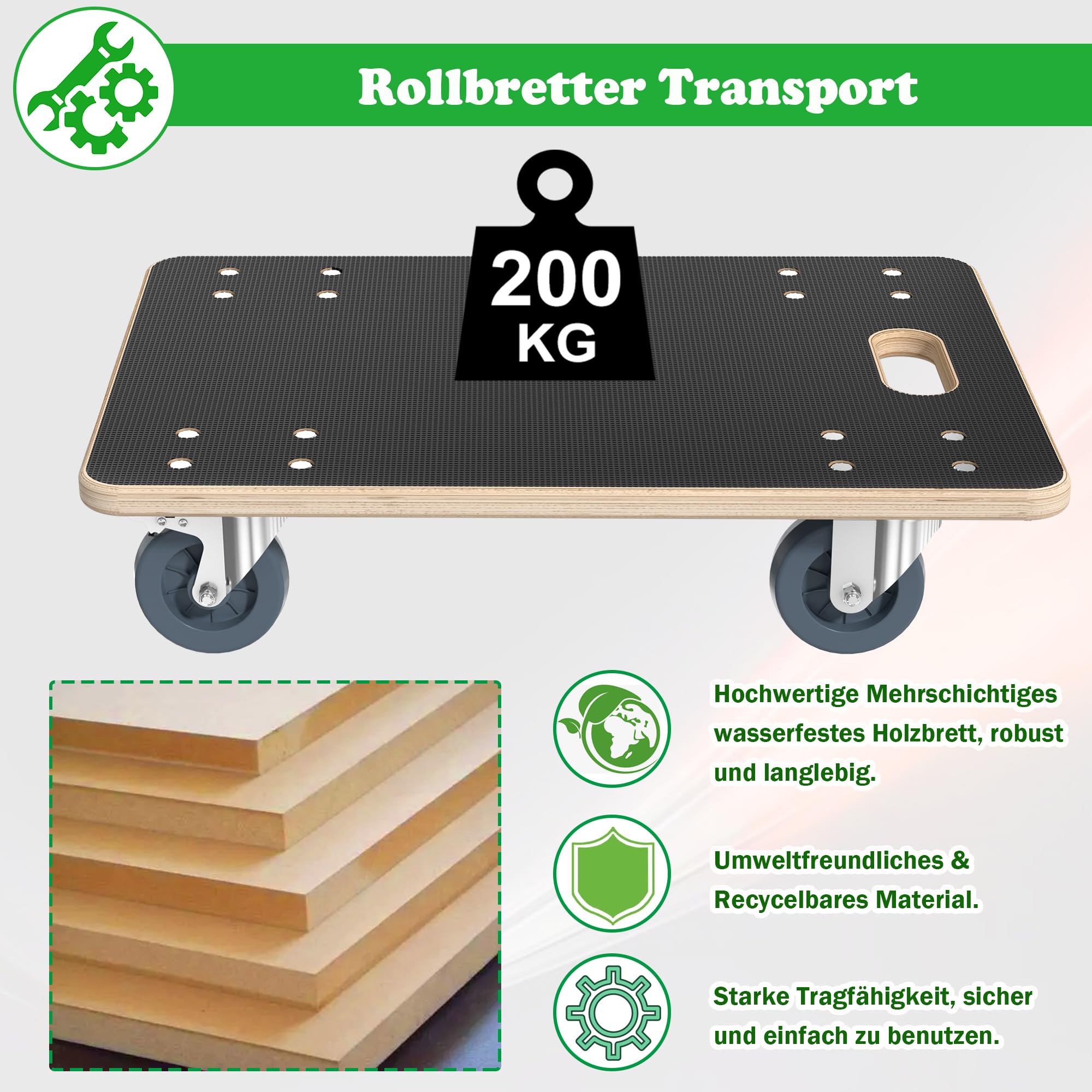 SUBTLETY Carrito de transporte con 4 ruedas, 60 x 40 x 14,5 cm, con 2 frenos de estacionamiento, hasta 200 kg, para muebles y plantas (1 unidad)