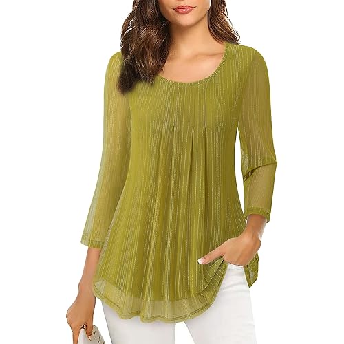 VALOLIA Women's 3/4 Sleeve Tunic Tops Casual Loose Fit Floral Blouses Mesh Pleated Layered Shirt