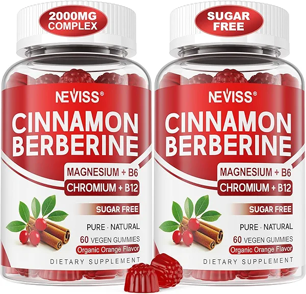 Berberine with Ceylon Cinnamon Gummies 2000mg Complex Supplement - Sugar Free, Vegan - Plus Bitter Melon, Chromium & Magnesium Glycinate, Organic Berberine HCL Cinnamon Gummy Supplements, 120Cts