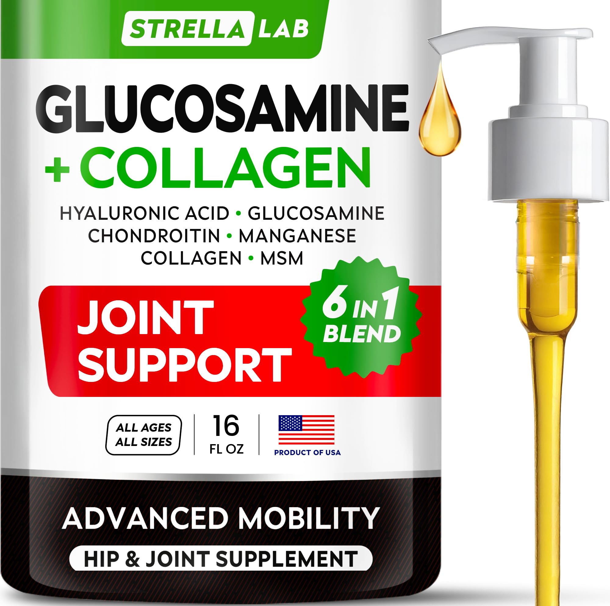 Liquid Glucosamine for Dogs w/Collagen (16 OZ) - All-Natural Hip & Joint Supplement, Glucosamine Chondroitin for Dogs, MSM & Collagen for Dogs Mobility, Joint Pain Relief for Small & Large