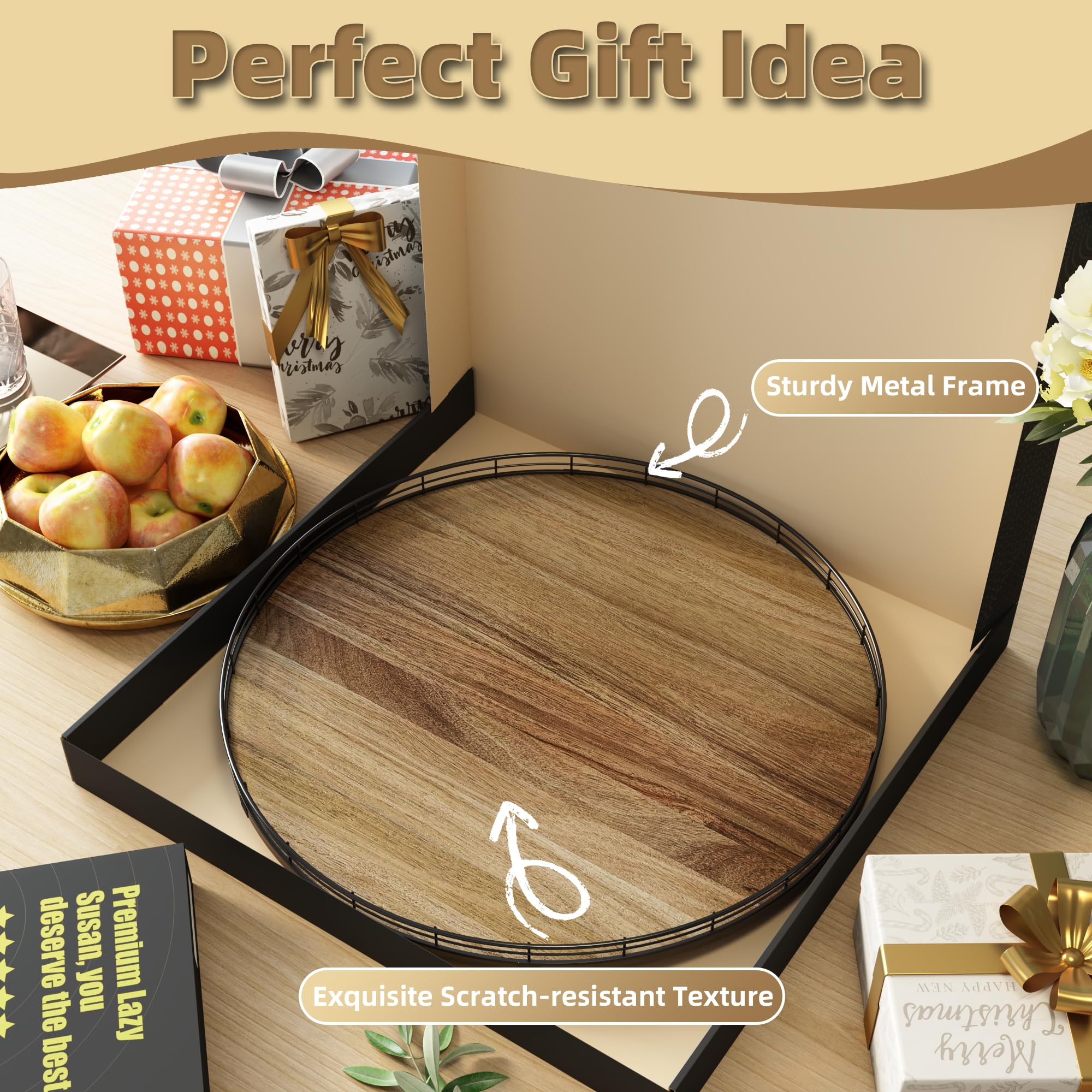 Lazy Susan Drehteller-Organizer aus Akazienholz, 53,3 cm, für Tischplatte, Bauernhaus, extra groß, rund, Lazy Susan zum Servieren, Küche, Arbeitsplatte, Schrank für Charcuterie, Tafelaufsatz,